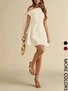 Valentine's Day Women's Asymmetric Tie-Up Shoulder Bodycon Elegant A-Line Ruffle Hem Skirt Business Casual Woman ，a line dress ，asymmetrical dress