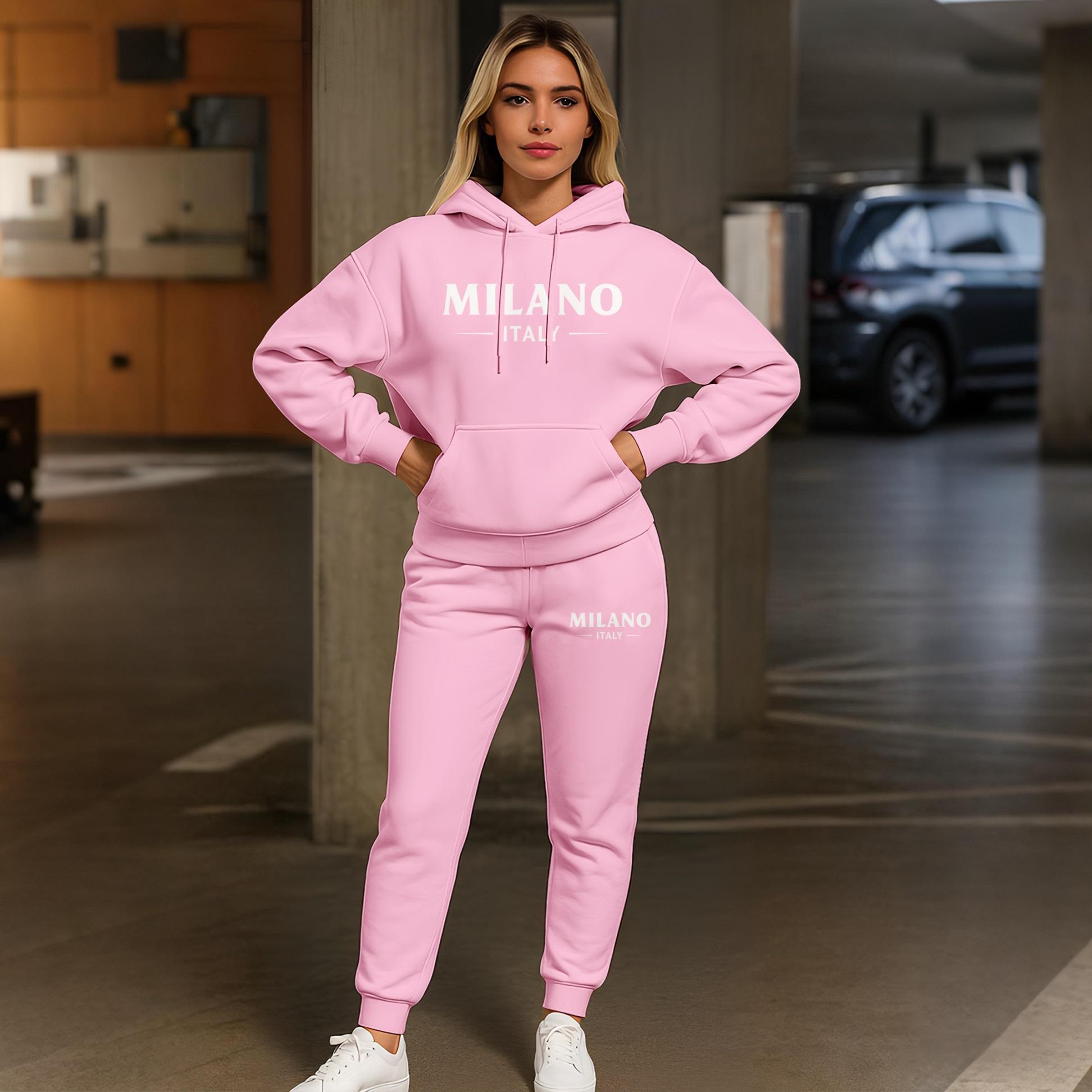 Women's Milano City Print Hoodie & Drawstring Track Pants Set with Pockets Casual 2-Piece Sweatshirt and Jogger Outfit Long Sleeve Fall Winter Sportswear Athleisure Tracksuit for Indoor Outdoor Activities