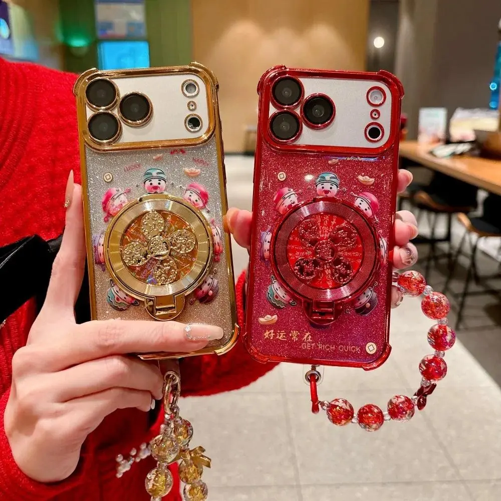 Red tin foil festive pattern with God of Wealth rotating bracket for iPhone 17 Promax 16 Plus 15 Pro 14 13 12 11 phone case