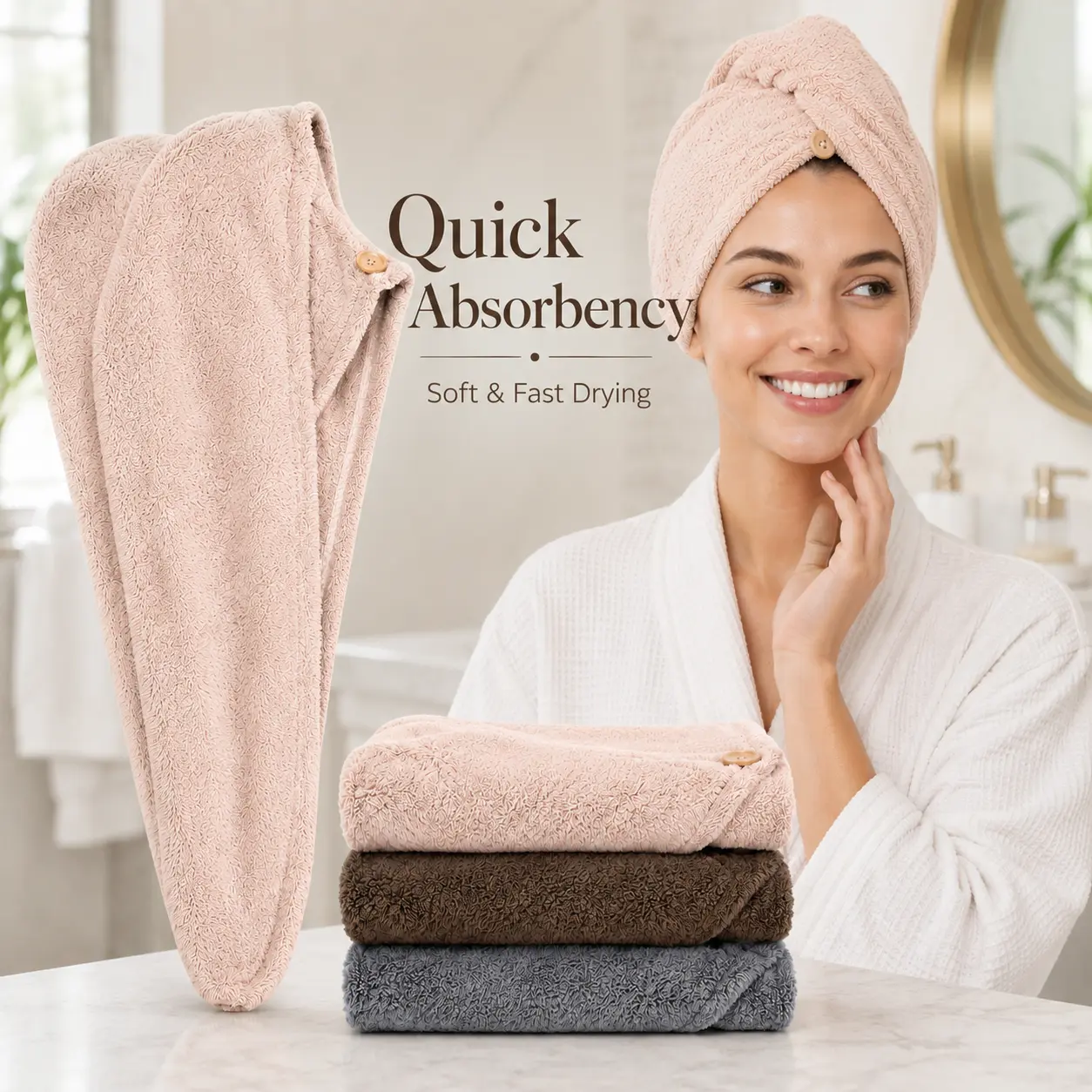 3Pcs Super Absorbent Quick Dry Microfiber Hair Towel Wrap with Button, Anti-Frizz Large Hair Turban for Women, Curly Hair Plopping Towel Suitable for All Hair Types, Bathroom Accessory