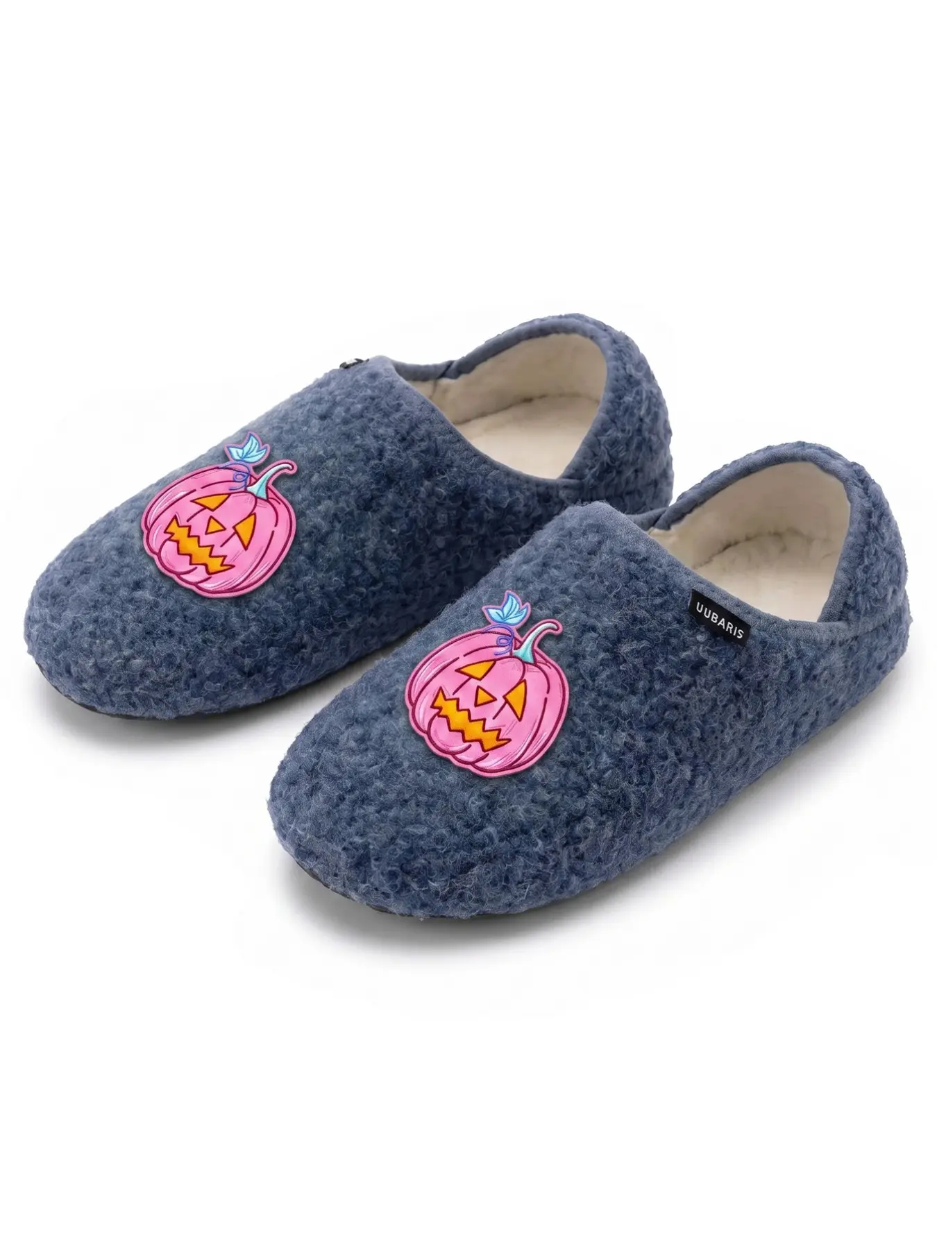UUBARIS Halloween Cotton Slippers, Unisex Fuzzy Shoes with Ghost Pumpkin Embroidery, Thick Warm Indoor Home Shoes, Non-Slip Sole