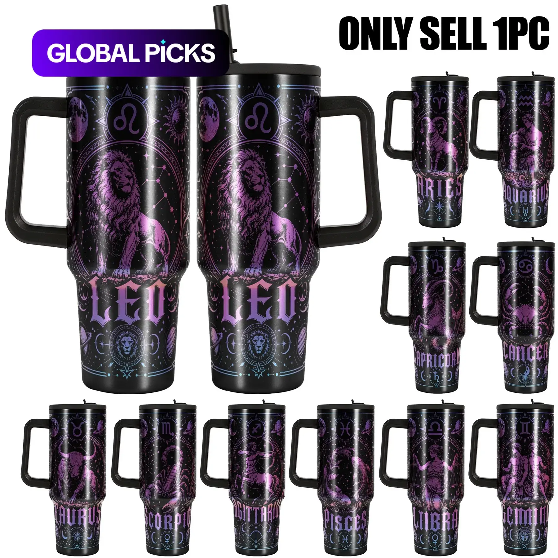 1pc, 40oz Tumbler with Handle and Straw Lid, Leakproof Tumbler, Leak-Proof 304 Stainless Steel Insulated Travel Mug, Zodiac Astrology Gifts for Women Men, Double Wall Vacuum Coffee Cup