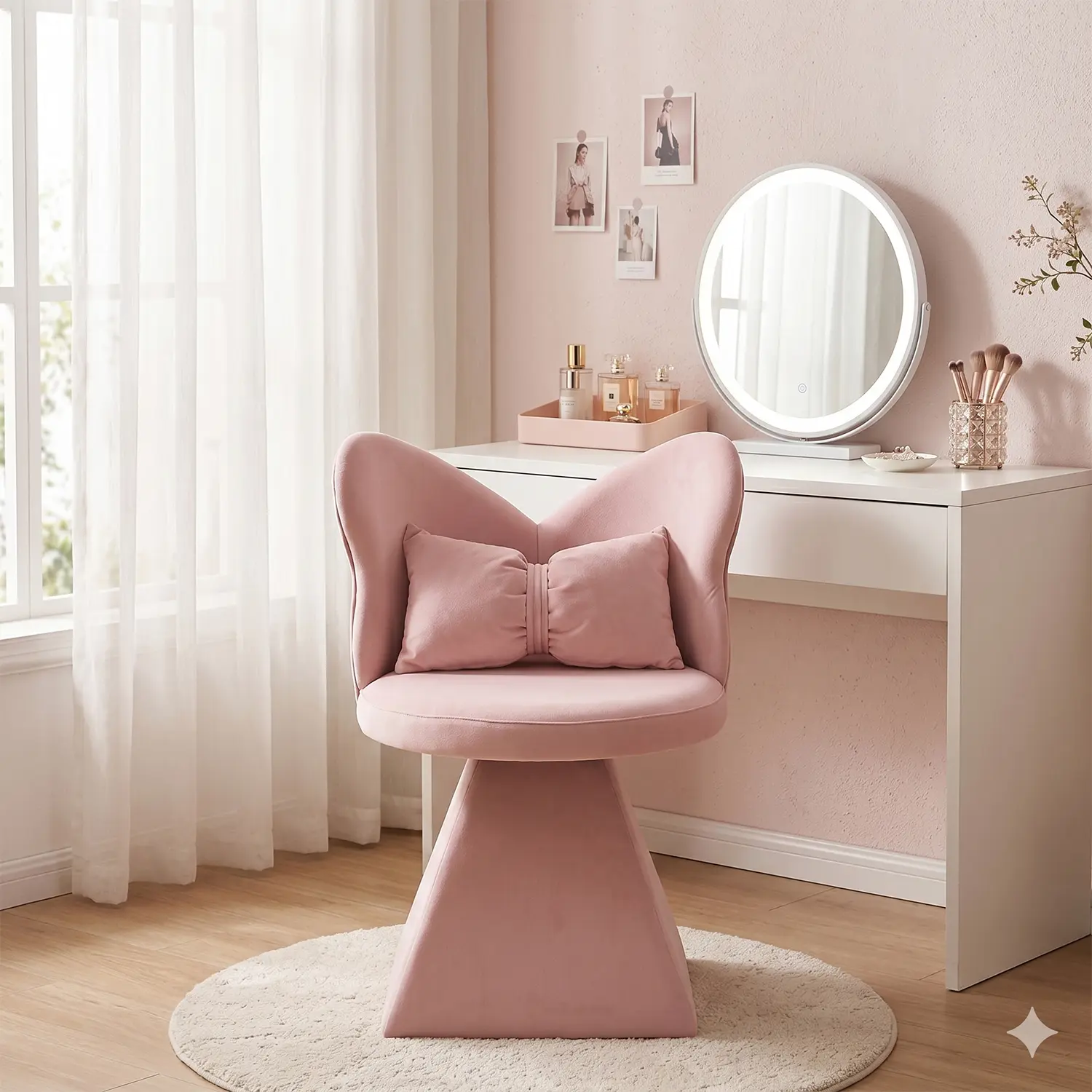 Nokaa Pink Chenille Velvet Vanity Chair with Butterfly Back, 360° Swivel Accent Dining Chair, High Resilience Foam Makeup Stool for Bedroom Dressing Table, Living Room, Dining Room, Study, Recreational Areas, 18.1"W x 30"D x 18.1"H