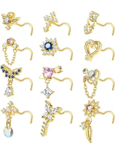12 PCS 20G Nose Ring Dangle Nose Ring Nose Rings L Shaped Screw Studs Nose Rings Nose Studs For Women Stainless Steel CZ Heart Nose Ring Star Nose Piercing