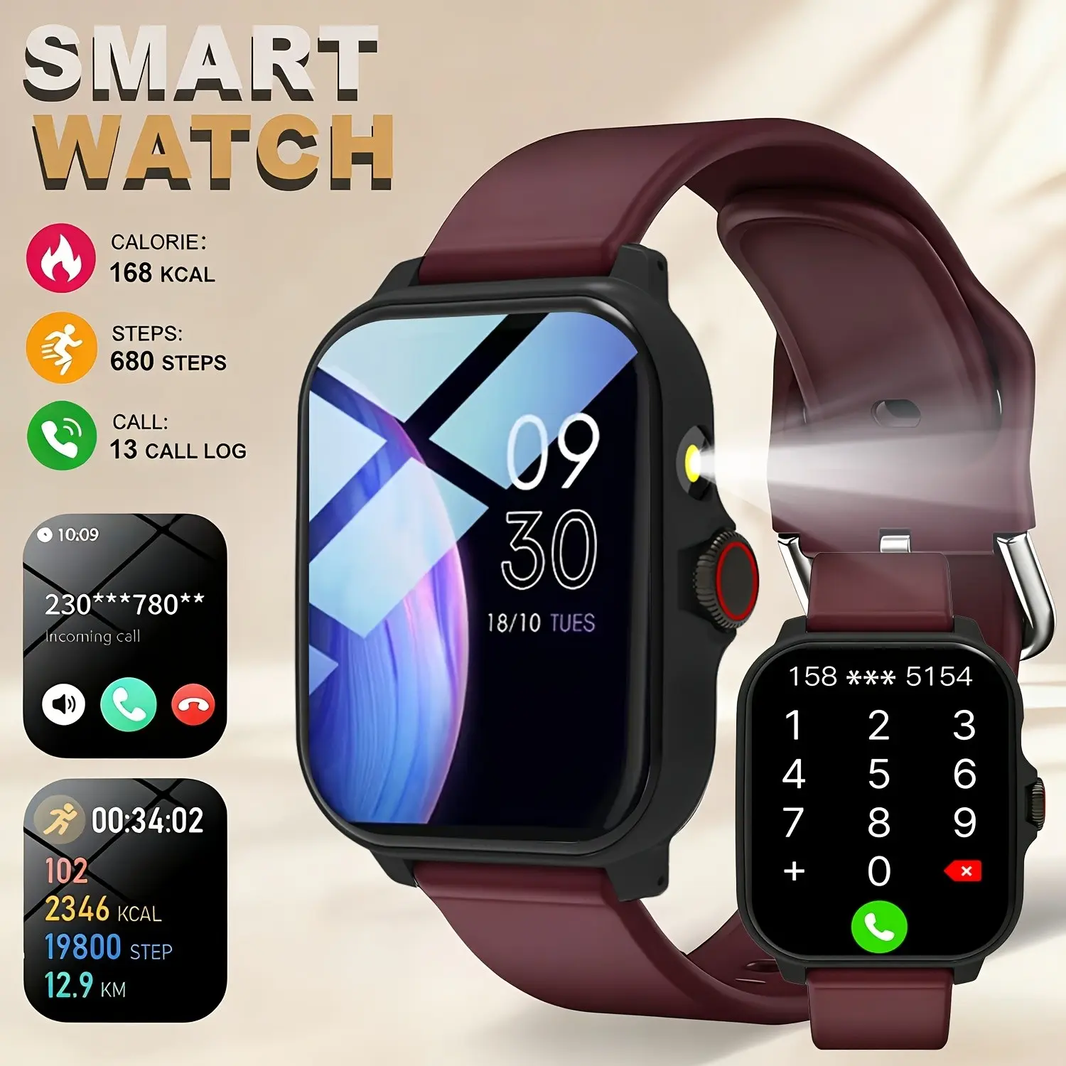 Full Screen Women's Touchscreen Smartwatch, Wireless Calling, Info Alerts, Multiple Sports Modes, USB Charging, Compatible with iOS and Android