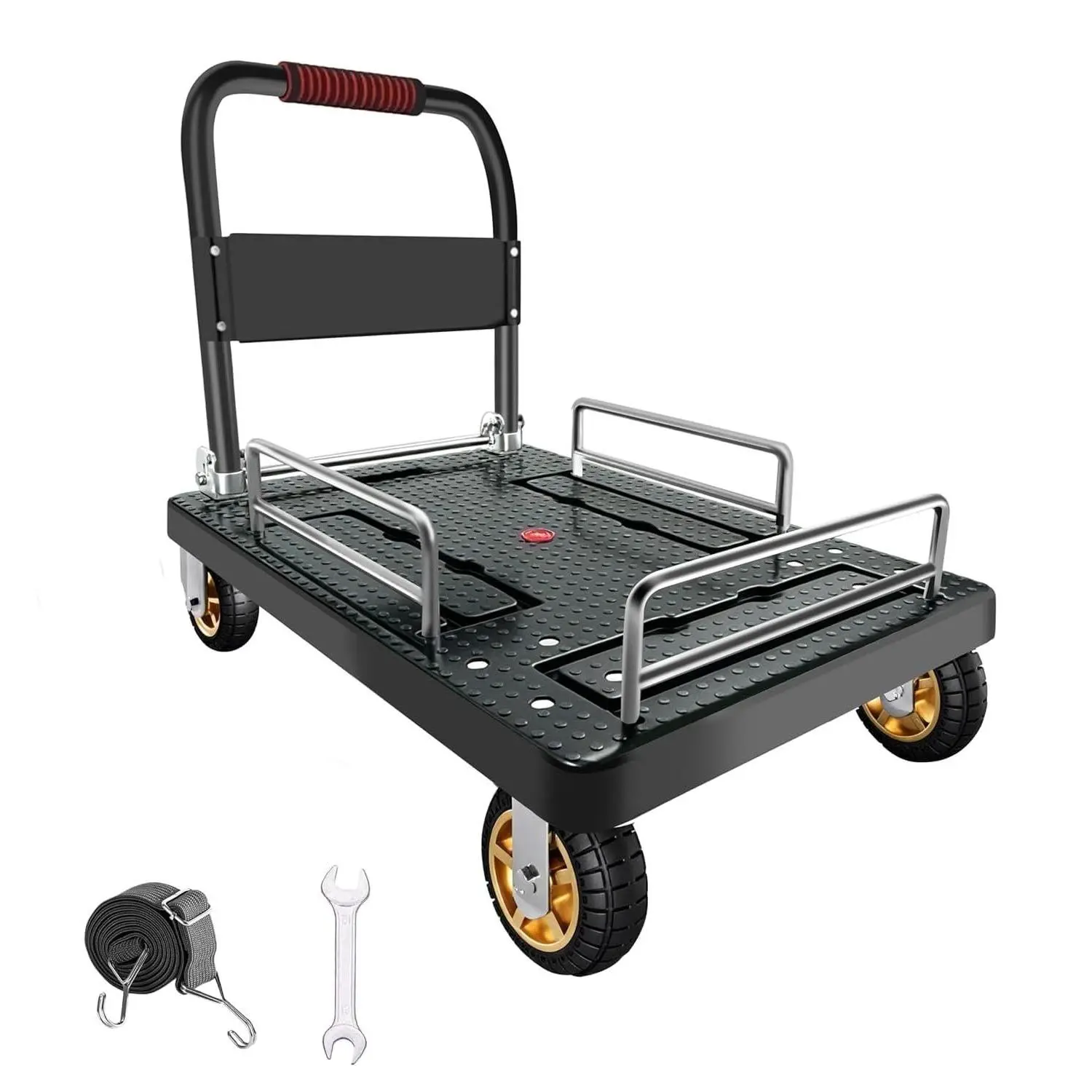 Heavy-Duty Folding-Rail Platform Truck Cart, 35.4 x 23.6 Inch Flatbed Trolley, Collapsible Steel Deck Dolly with Rolling Wheels, Ideal for Warehouse, Garage & Household Moving Transport