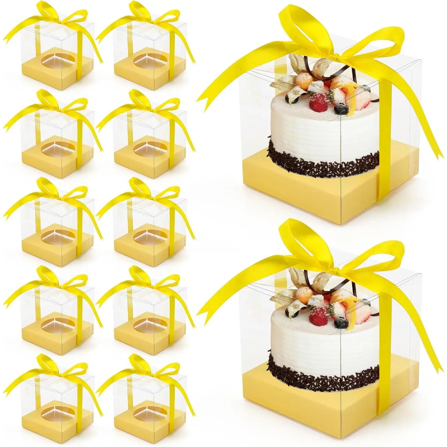 12 count Clear Cupcake Boxes 3.5 Inch Cupcake Containers (Yellow) | Disposable Cupcake Carrier Plastic Individual Cupcake Storage Holder with Ribbons and Inserts for Wedding, Birthday Party