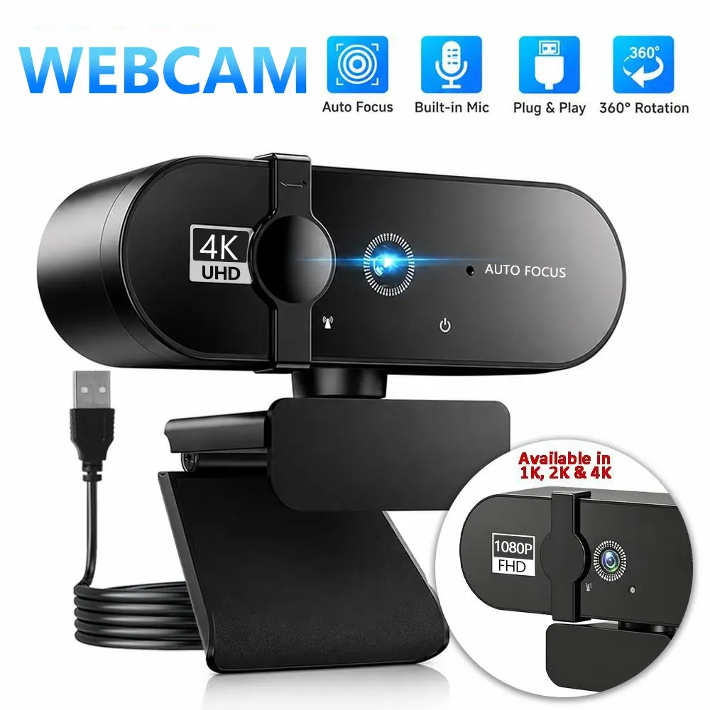 4K Ultra HD webcam with microphone and privacy cover, featuring autofocus and a wide-angle lens. Available in 4K, 2K and 1080p resolutions, it is ideal for gaming, Zoom meetings, YouTube live streams and working from home