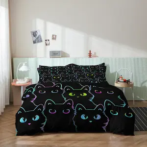 3 Pieces Black Cat Duvet Cover Set, Dark Cute Kitten Pet Printed Bedding, Soft Microfiber Gothic Trendy Style Bedding For Bedroom Home Decoration, Multiple Sizes Available (1 Duvet Cover + 2 Pillowcases, No Comforter No Pillow)