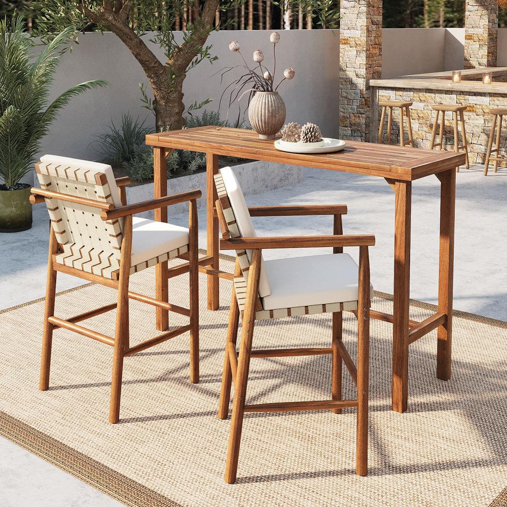 3 Piece Outdoor Bar Set, bistro Patio Acacia Wood Bar Height Table & 2 Stools with Cushions, Wood Dining Bar Set for Backyard, Poolside, Balcony, Beige Cushions