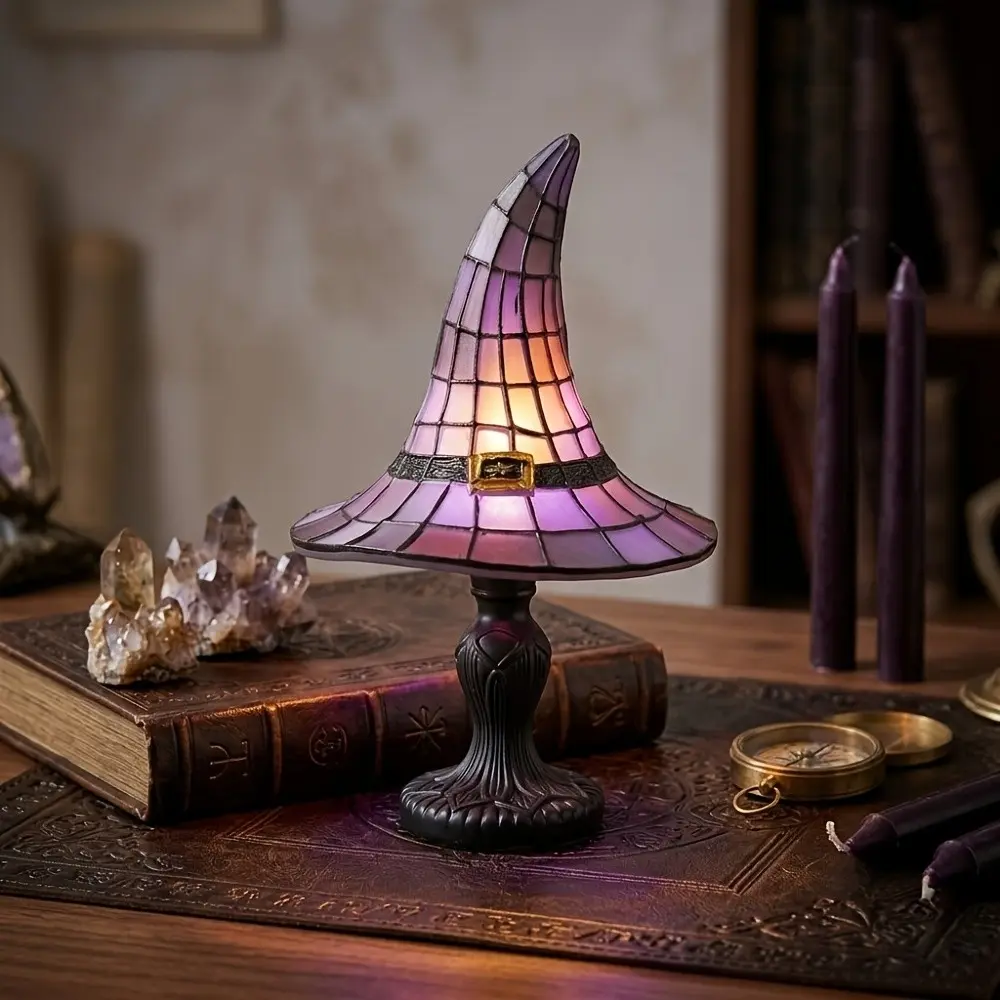 Witch Hat Lamp, Stained Witch Hat Lamp, Halloween Table Lamp with Warm Glow, Gothic Witch Decor Night Light for Bedroom, Mantel, Bookshelf, Entryway, Halloween Party and Witchy Room Décor