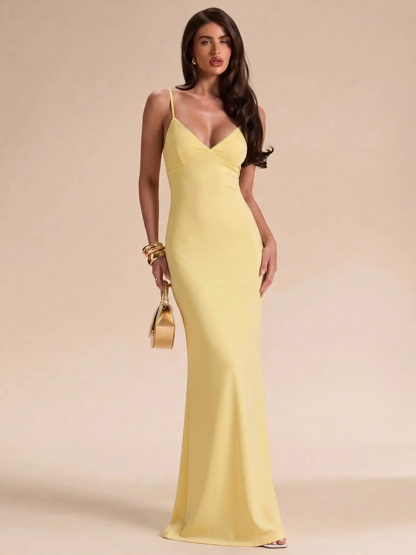 Women Cream Yellow Beaded Trim V Neck Spaghetti Strap Mermaid Maxi Dress, Minimalist Matte Stretch Knit Bodycon Floor Length Formal Evening Gown, Elegant Solid Pastel Yellow Wedding Guest Bridesmaid Long Dress, Womenswear