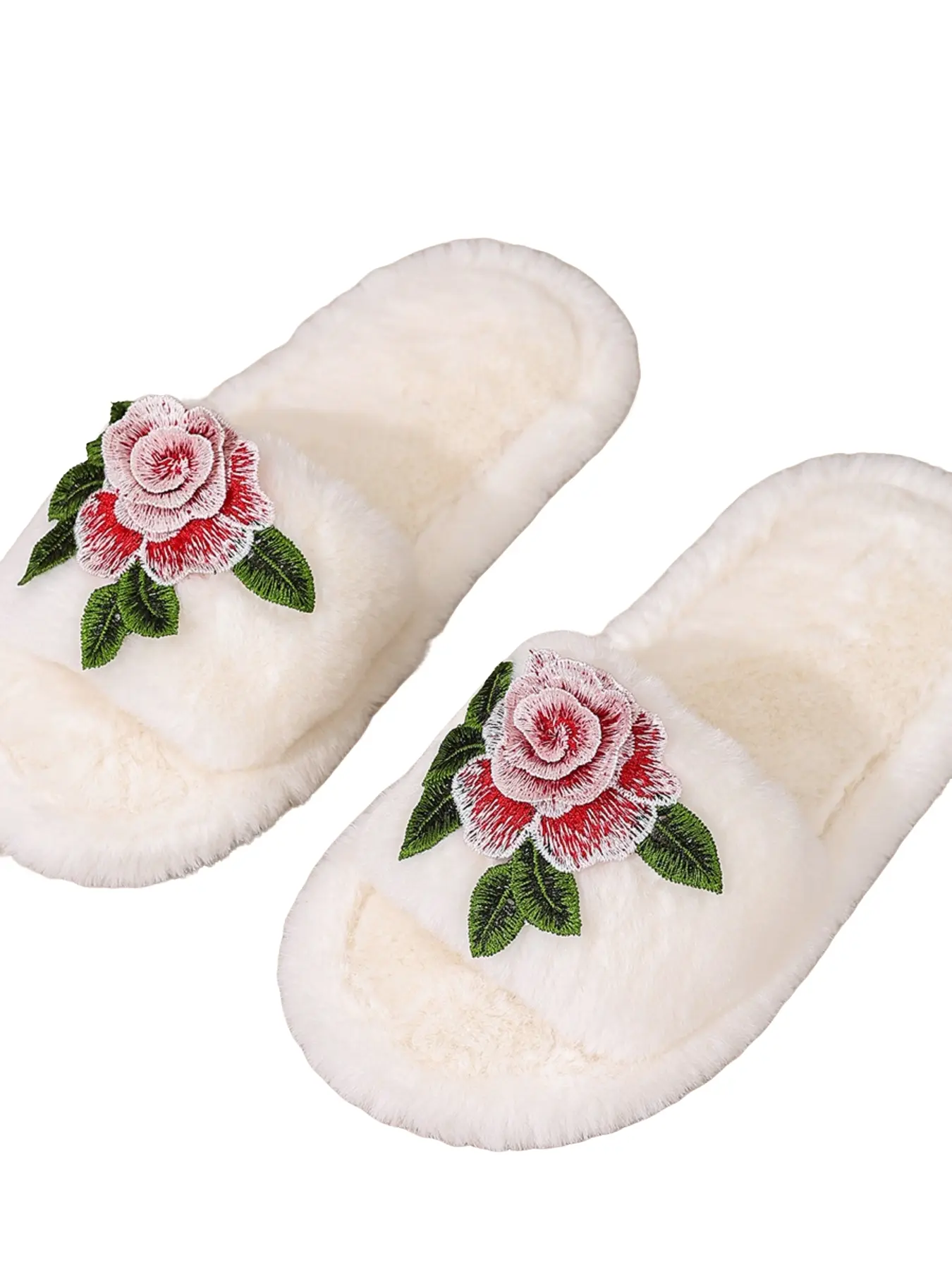 Vintage Rose Embroidered Plush Slippers, Fuzzy Anti-Slip Sandals, Cozy Bedroom Home, Versatile Warm Women's Shoes