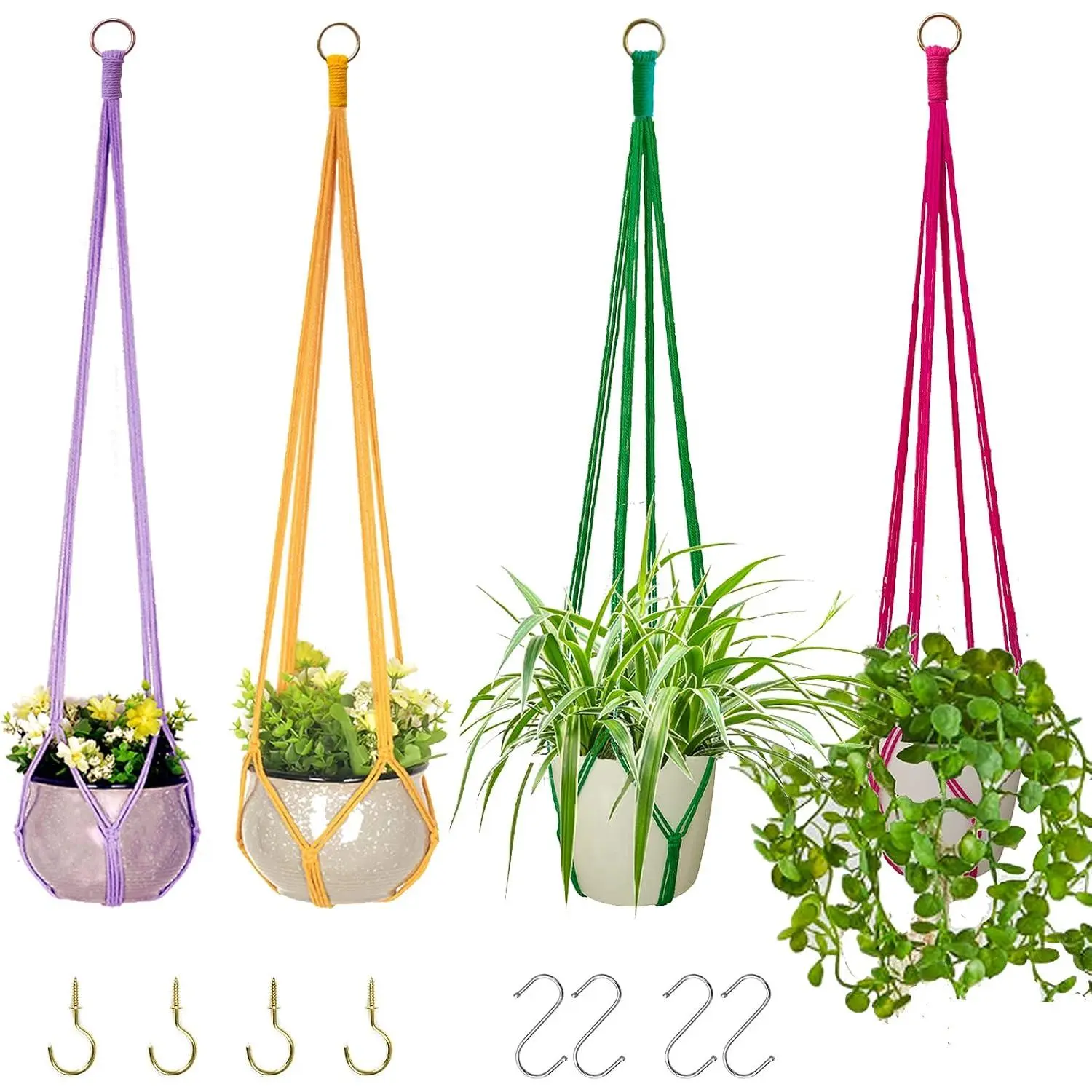 Decorative Yarn Rope Hanging Planters & Baskets (4-Pack, 4 Colors) with 8 Hooks, Boho Decor for Indoor & Outdoor Room Ceiling Use, Decorative Hanging Planters & Baskets