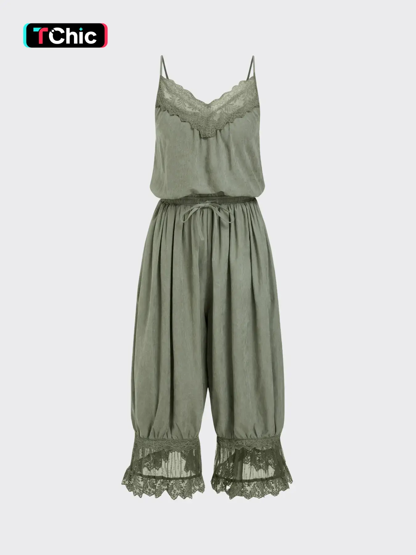 Lace Trim Spaghetti Strap Romper for Women V Neck Adjustable Drawstring Waist Culotte Silhouette Ruffled Lace Cuffs Versatile for Feminine Casual Fashion