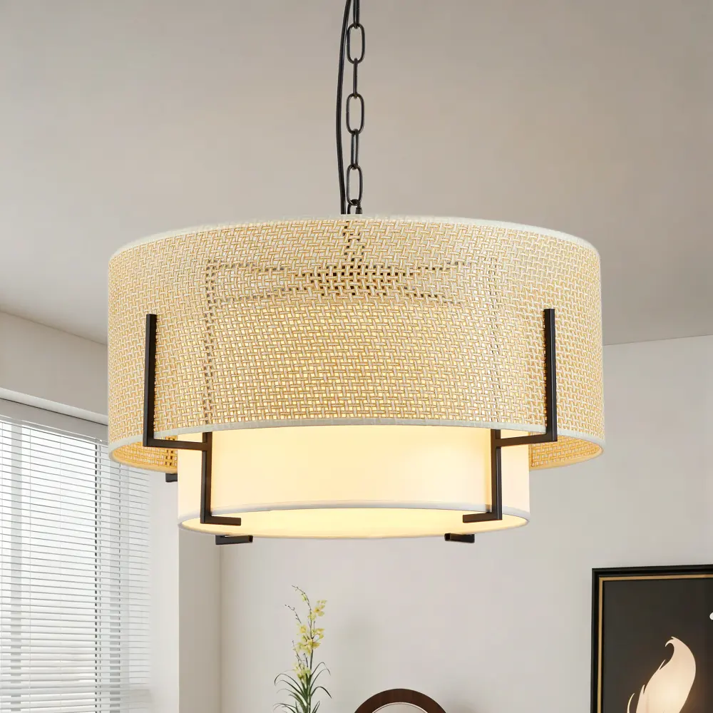 19.7''  Farmhouse Boho Chandelier,4-Light Hand Woven Rattan Pendant Light with Fabric Shade Rustic Drum Chandelier for Dining Room Kitchen Bedroom Foyer Entryway Living Room