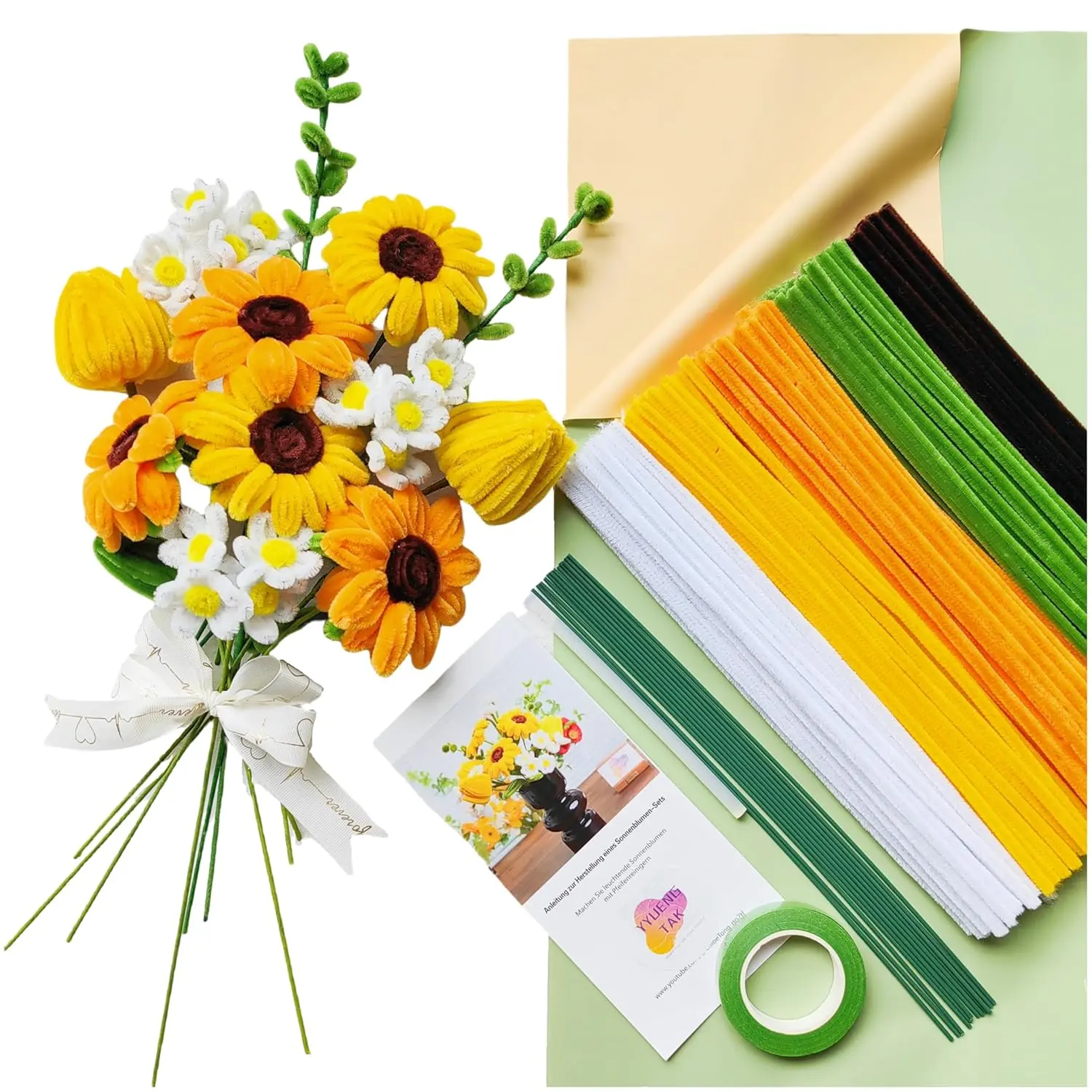 210 pcs Pipe Cleaner Flowers Craft kit for DIY Sunflower Bouquet with tutoria (5 Colors),Chenille Stems Flowers Craft kit with 12 pcs Green Floral Wires,Gardening Tape,Floral Paper