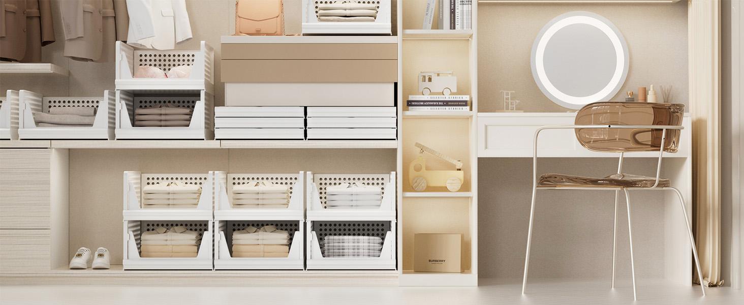 Stackable Plastic Storage Basket Closet Organizer Bin Foldable Clothes Organizer Storage Drawer Shelf Container For Living Room,Bathroom,Kitchen,Office