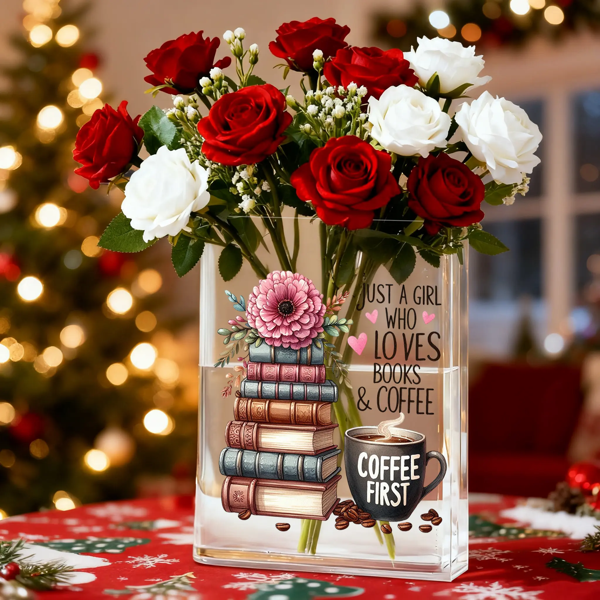 Clear Acrylic Book Shaped Vase with Inspirational Quotes, Boho Rectangular Table Centerpiece for Books & Flowers, Aesthetic Room Decor Gift for Wedding Party Birthday Christmas Valentine’s Day