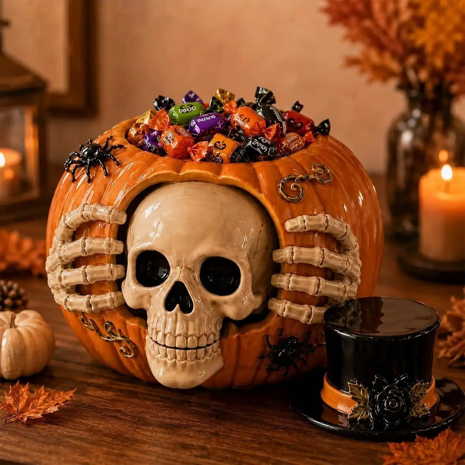Ceramic Pumpkin Candy Jar, Gothic Horror Style Storage Container, Halloween Party Snack Rack, Indoor Desktop Home Decor