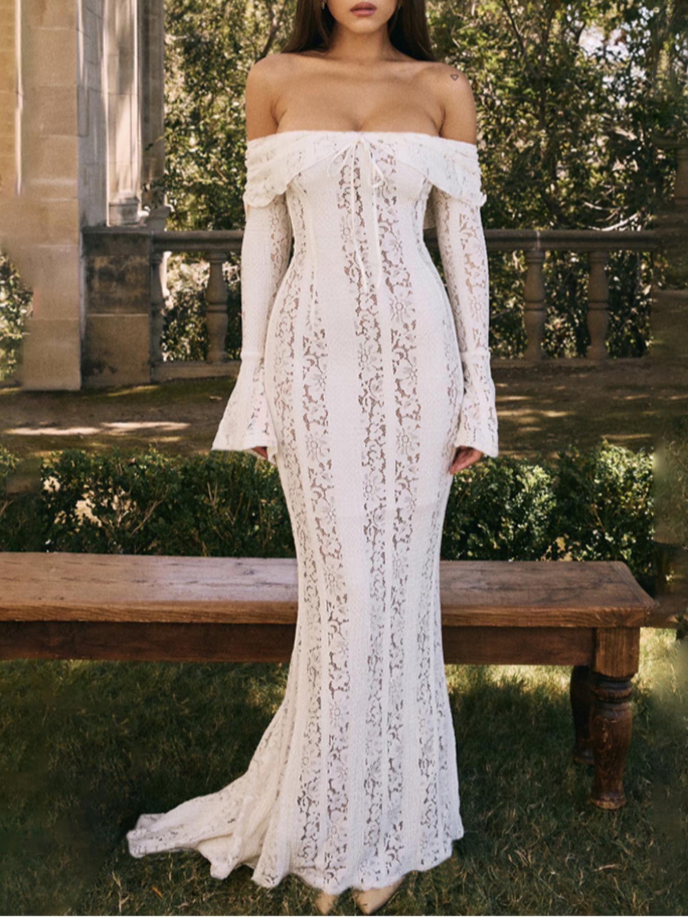 Women's Off The Shoulder Tie Front Lace Bodycon Dress, Elegant Long Sleeve Flounce Sleeve Zipper Back Maxi Dress for Party Holiday Wedding Guest, Ladies Spring & Fall Clothes,  Bridal Attire Valentine's Day, gift