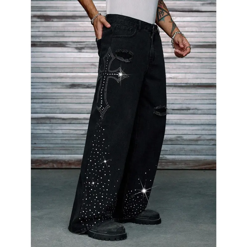 Men's Y2K Rhinestone Star Distressed Baggy Wide Leg Jeans | Vintage Washed Black Denim, Bling Rhinestone Detail, Streetwear Oversized Pants for Daily Wear & Street Style