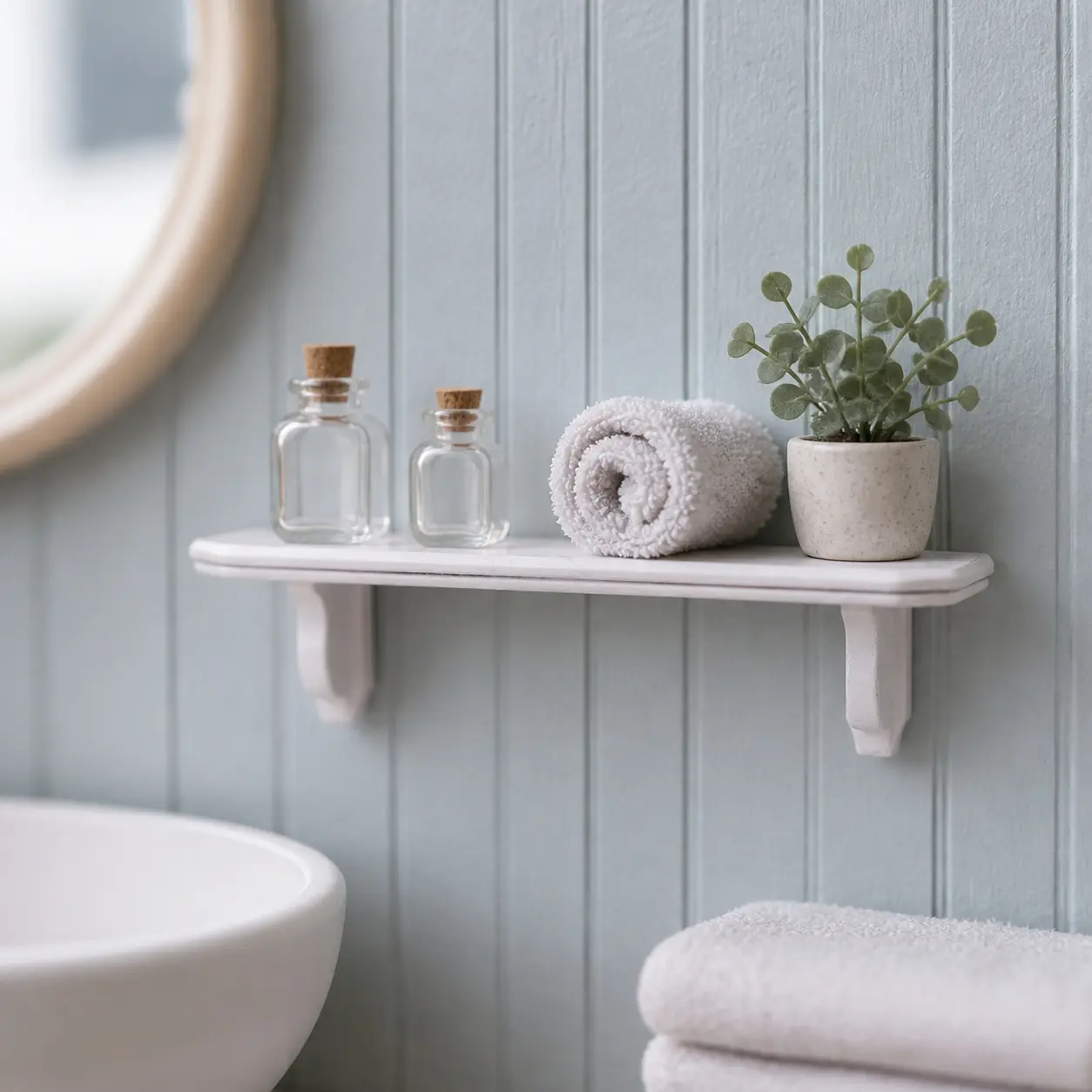 Miniature Dollhouse White Wall Shelf with Brackets, Wall-Mounted Display Ledge for DIY Room Scenes