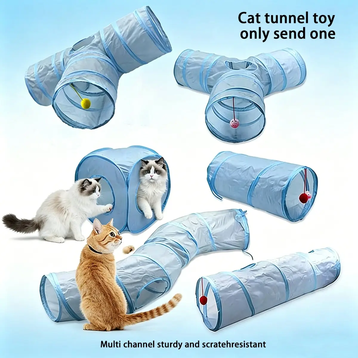 Foldable Portable Cat Tunnel Bed, Interactive Play Tunnel with Hanging Feather Toy, Comfortable Hideout for Cats and Kittens, Ideal for Small Spaces