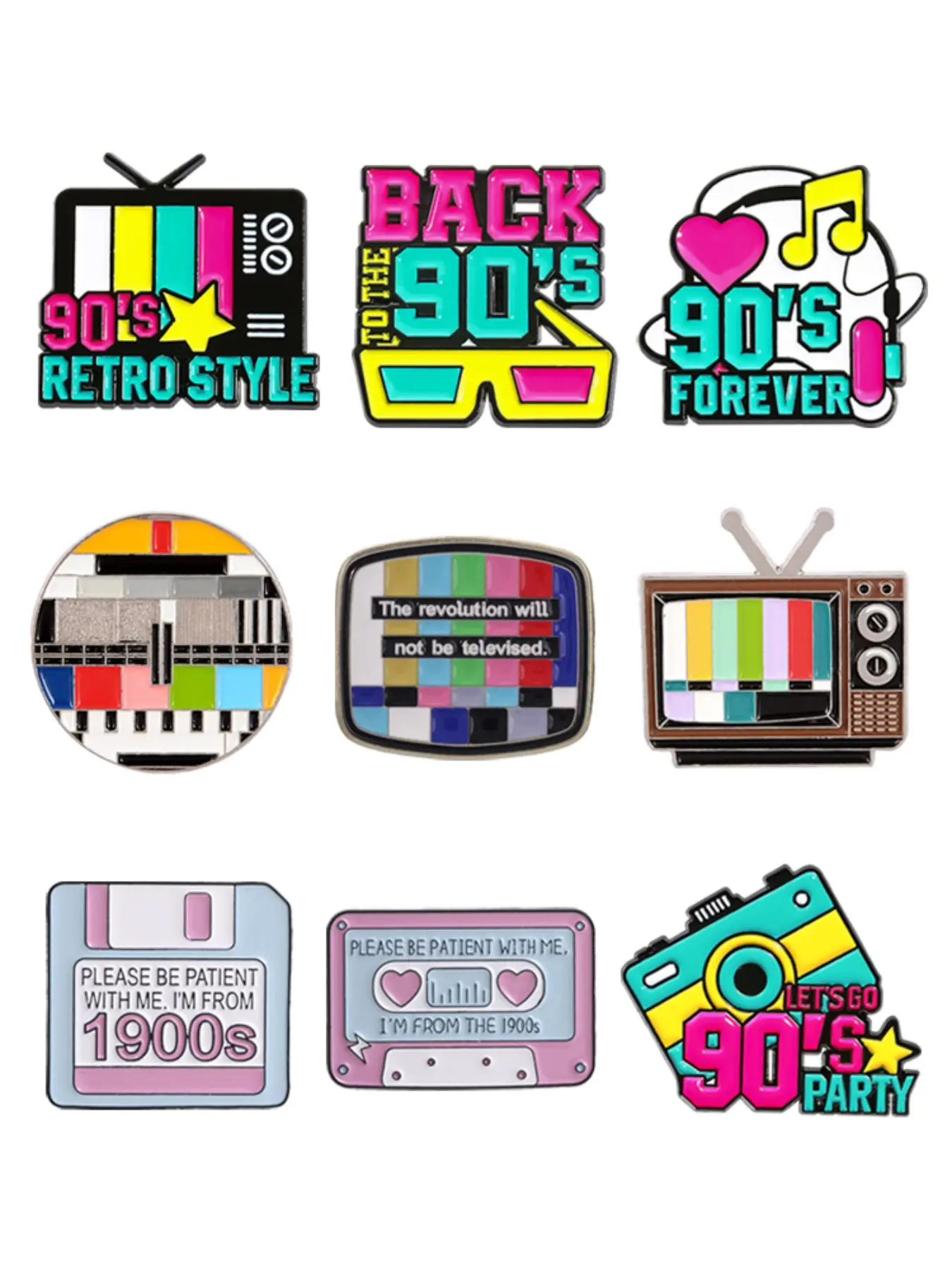 9-Piece Vintage Enamel Brooch Set, Retro TV Vhs Camera Earphone Pins, Casual All-Season Fashion Accessories, Cartoon Pattern