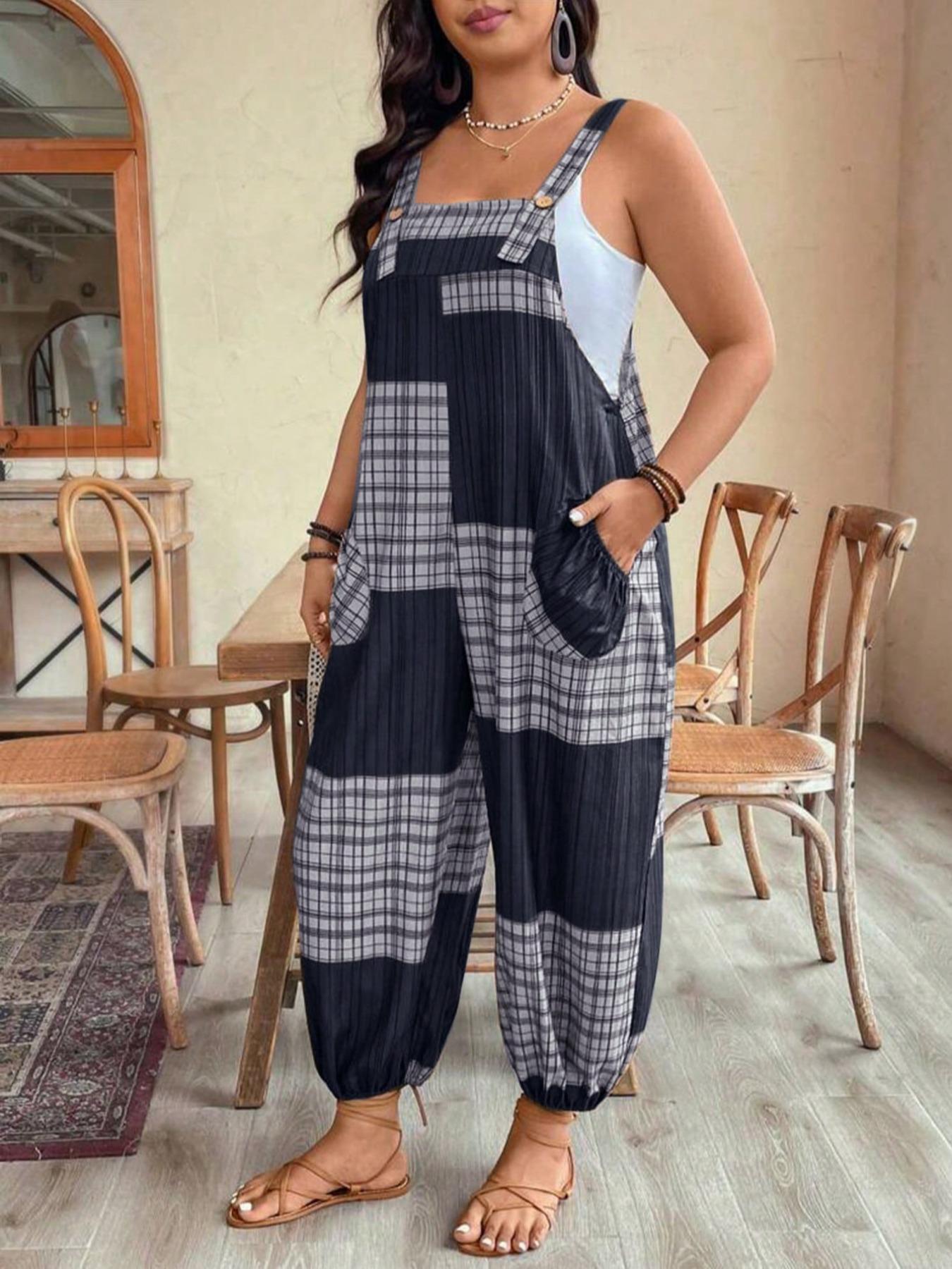 【Plus Size】Jumpsuit, Casual Comfy Sleeveless Jumpsuit for Daily Wear, Women's Plus Clothing for All Seasons 【Plus Size】Jumpsuit, Casual Comfy Sleeveless Jumpsuit for Daily Wear, Women's Plus Clothing for All Seasons