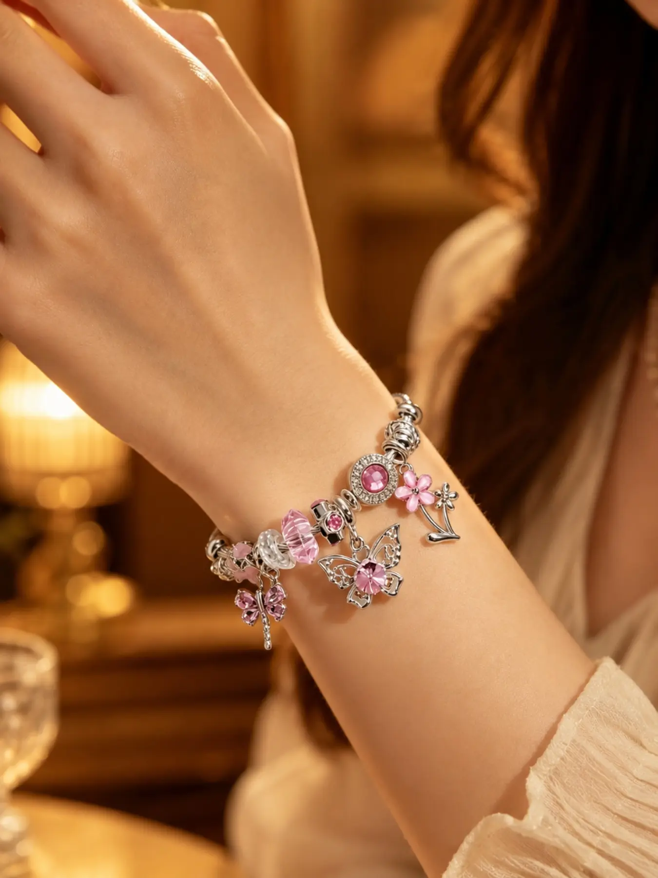 Adjustable Silver-Tone Pink Crystal Butterfly Flower Charm Bracelet for Women & Teen Girls, Dainty Beaded Open Cuff Jewelry for Everyday Wear, Date Night, Party, Birthday, Halloween & Christmas Gift
