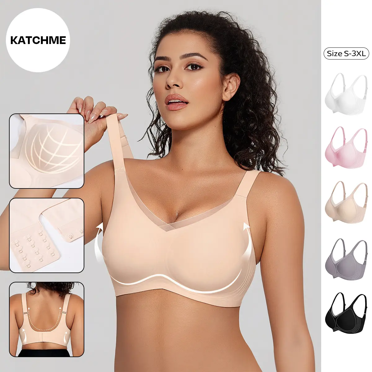 KatchMe COZY Women's Elegant Solid Color Wide Strap Seamless Push-Up Wirefree Bra, Non-Wired 3/4Coverage Breathable Underwear, Smoothing Bralette