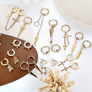 Jstyle 21 Pcs Earrings for Men Stainless Steel Black Long Chain Dangle Hoop Earrings for Men Women Jewelry Piercing Men Earrings Set