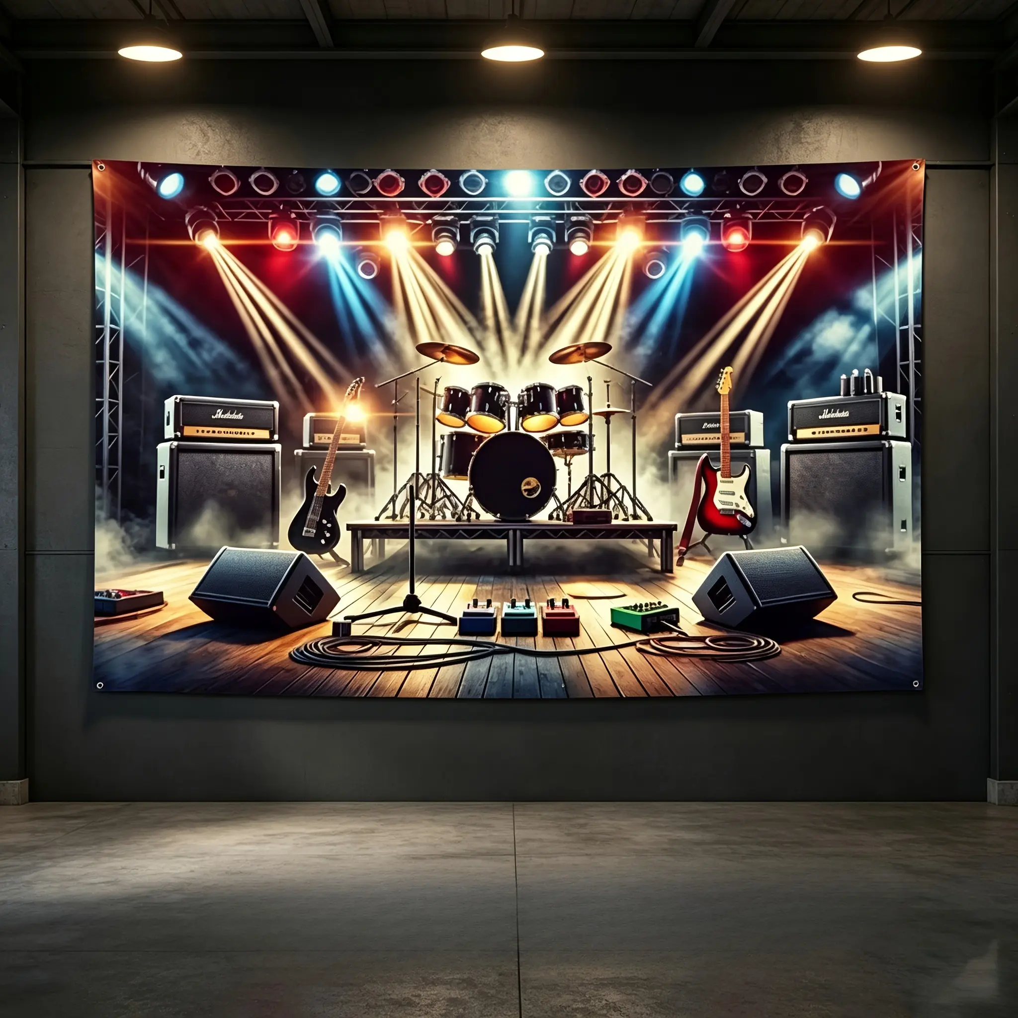 Polyester Fiber Printed Rock Band Garage Backdrop - Foldable Reusable Multi-Size Music Stage Tapestry with Drums, Guitars, Vibrant Concert Scene, Ideal for Birthday Parties, Photography Backgrounds, Studio Props