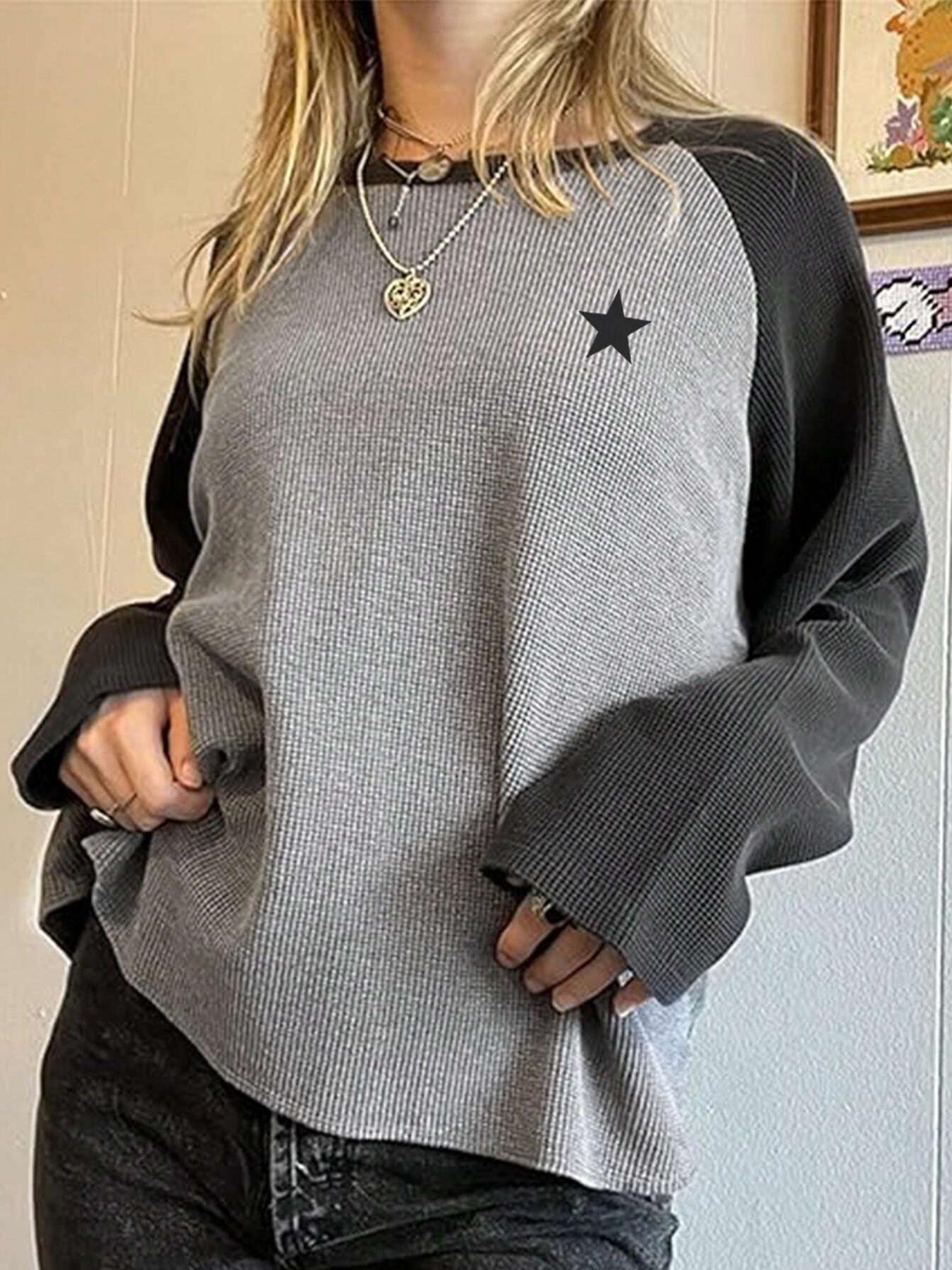 Women's Colorblock Star Print Raglan Sleeve Tee, Casual Comfy Tee, Casual Long Sleeve Round Neck T-shirt for Spring & Fall, Women's Top for Daily Wear Chic Top