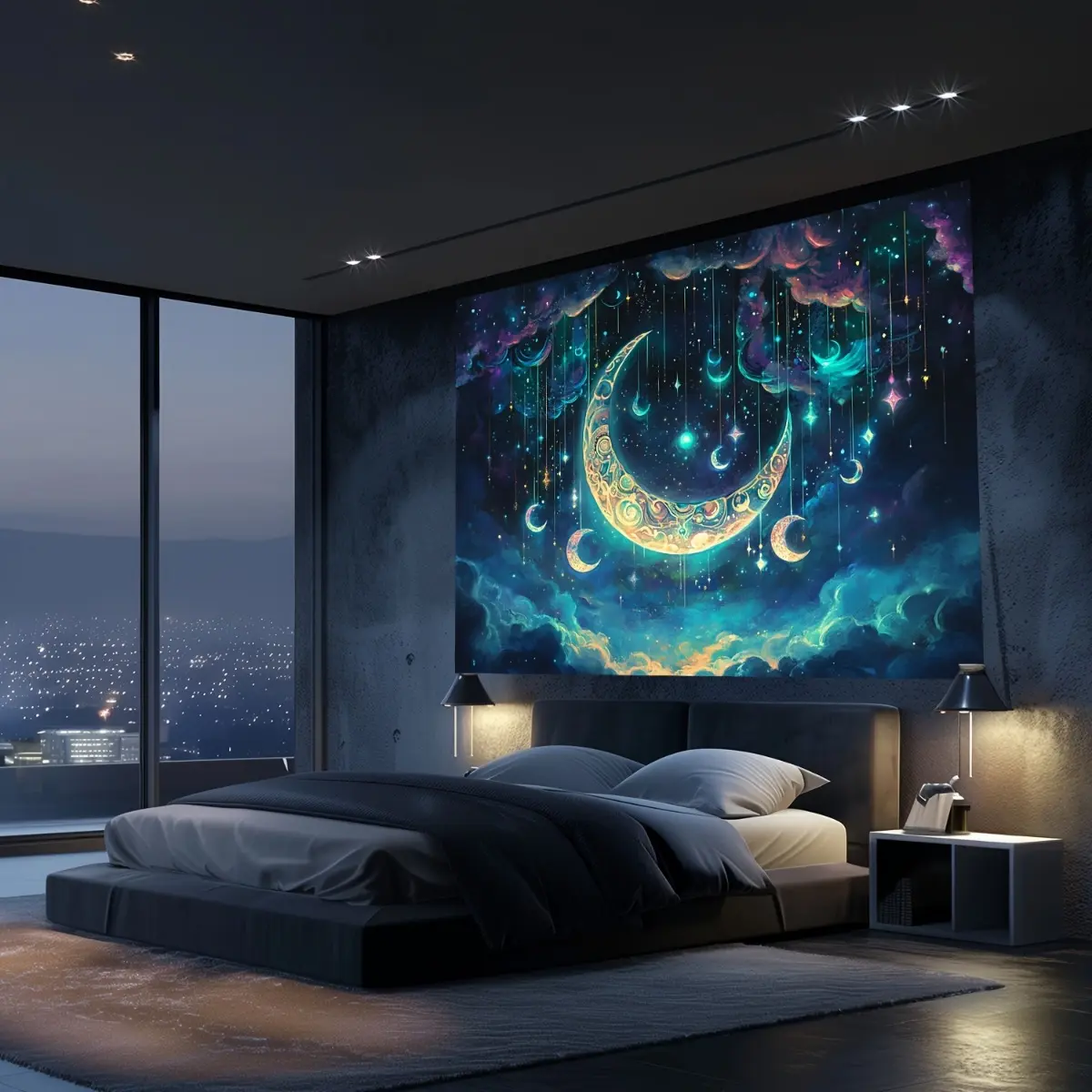 2d Flat - 2d Flat - A Mesmerizing 2d Tapestry Featuring A Moon and Stars, Perfect for Decorating Your Bedroom, Living Room, or Office. It Can Also Serve As A Festive Door Flag for Both Indoor and Outdoor Use