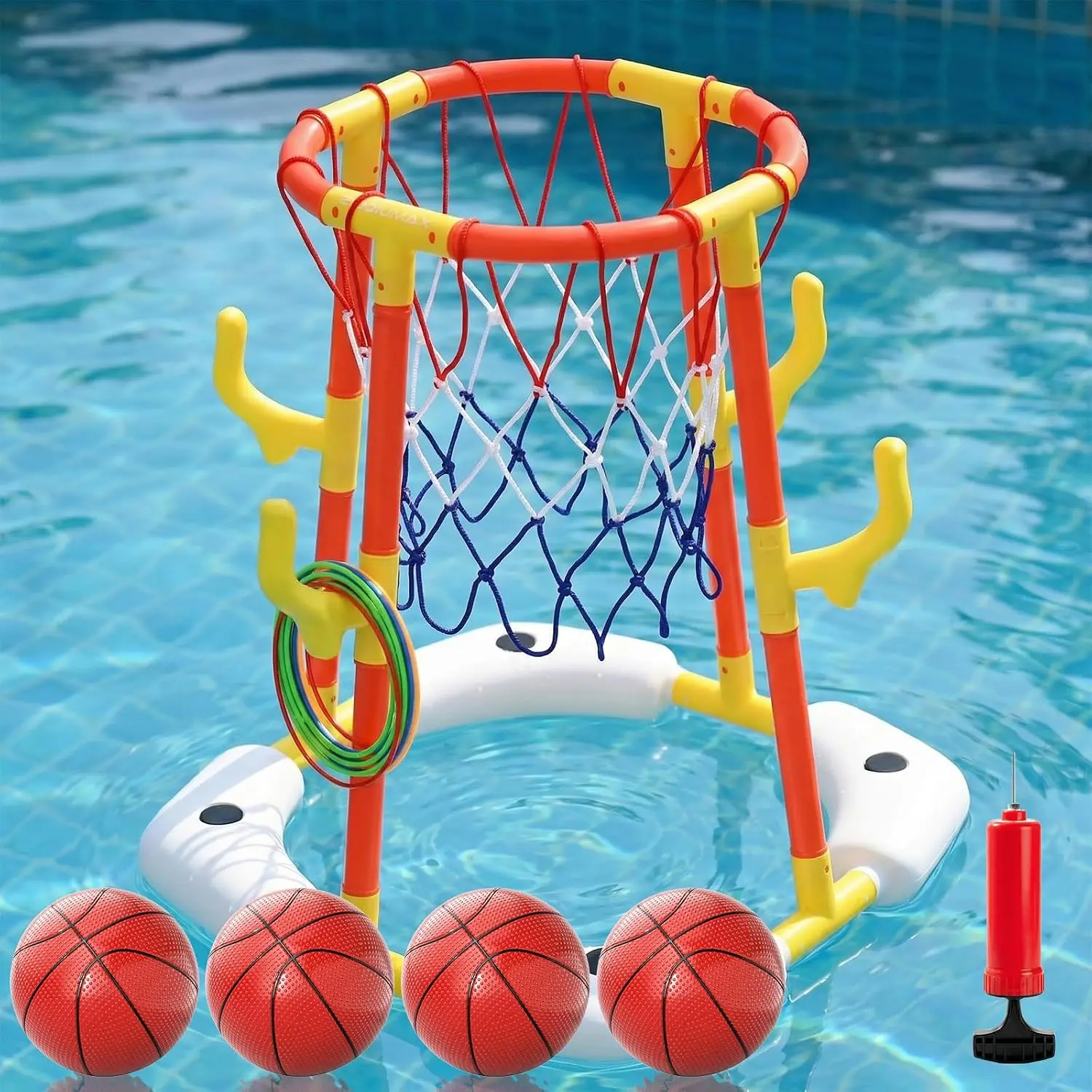 2-in-1 Pool Basketball Hoop & Ring Toss Set - Floating Pool Toys with 4 Balls, 12 Rings & Pump, Pool Games for Kids Ages 4-12, Perfect for Backyard & Pool Party