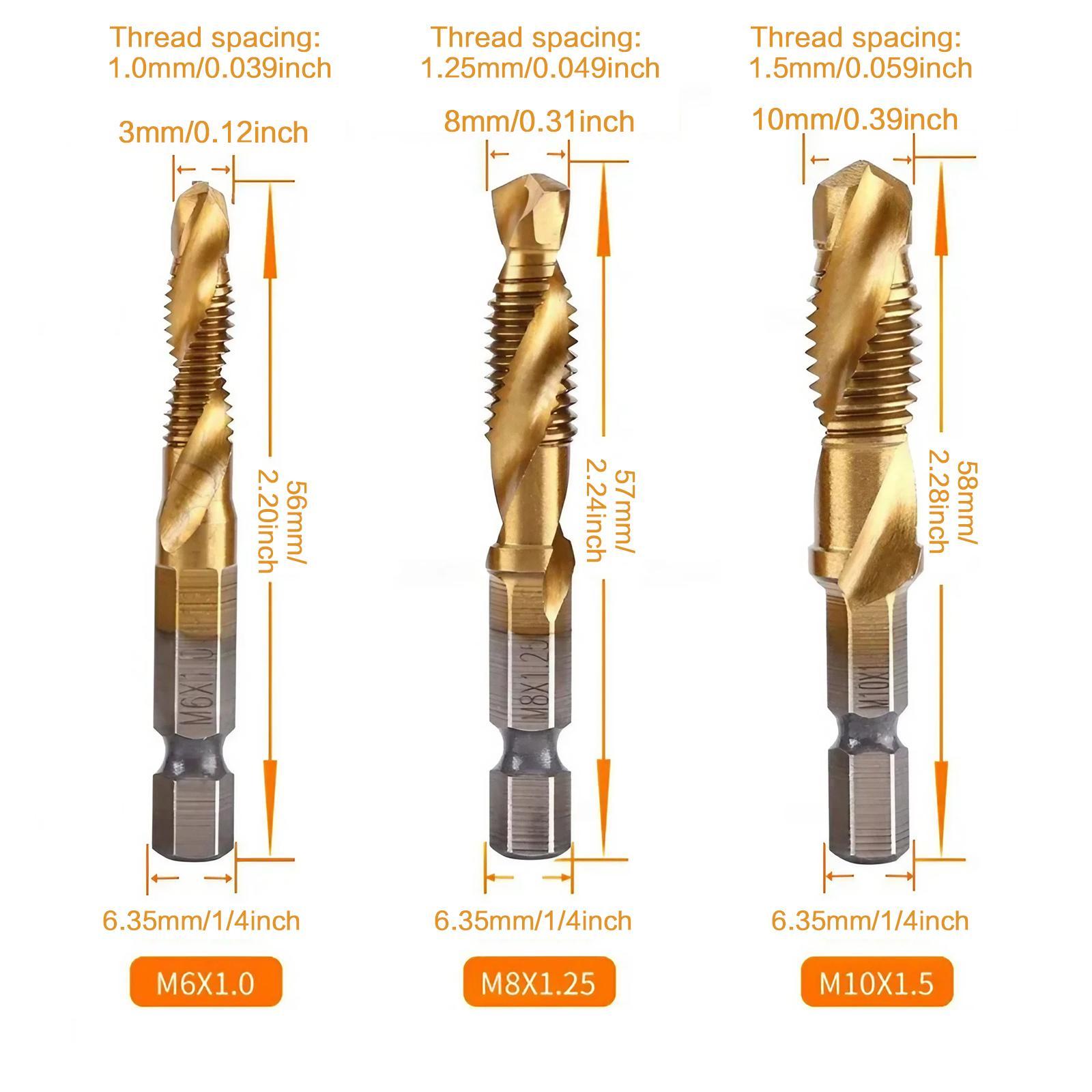 3 In 1 Spiral Tap Hex Shank Drill Bit Set,M3/M4/M5/M6/M8/M10 Drill Bits High Speed Steel,Professional Drill Accessories For Woodworking,Power Tool Accessories, Heavy Duty,Hardware, Cutting, Metal, Durable.