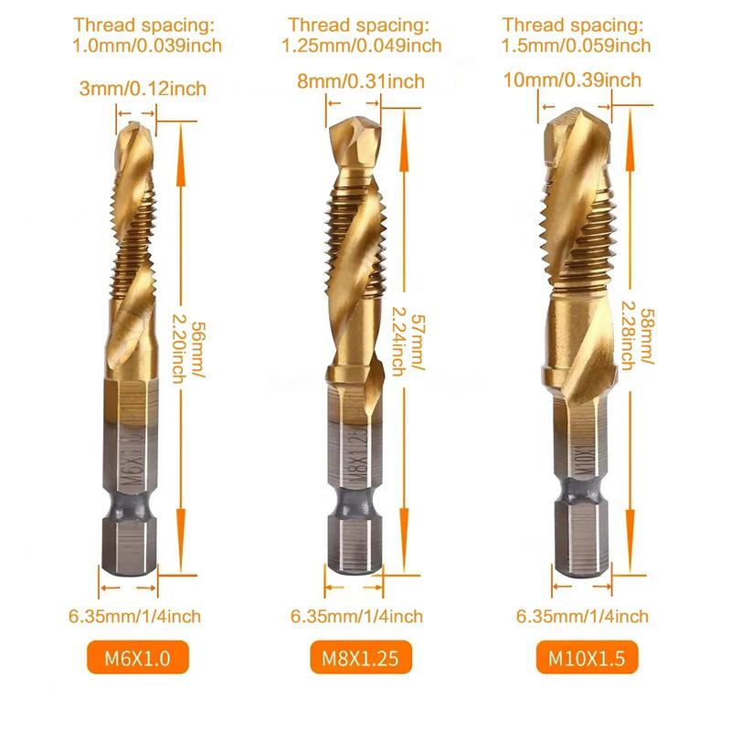 3 In 1 Spiral Tap Hex Shank Drill Bit Set,M3/M4/M5/M6/M8/M10 Drill Bits High Speed Steel,Professional Drill Accessories For Woodworking,Power Tool Accessories, Heavy Duty,Hardware, Cutting, Metal, Durable.
