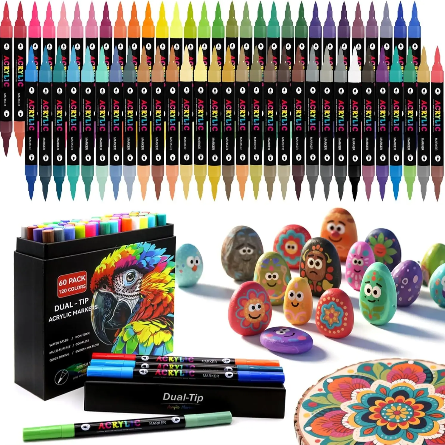 120 Color Dual-Ended Acrylic Paint Pens, 60 Permanent Waterproof Fast-Drying, Ideal for Rock Painting, Canvas, Glass, Wood, Ceramics, DIY Crafts, Art Materials, DIY Painting Supplies, Crafting Supplies