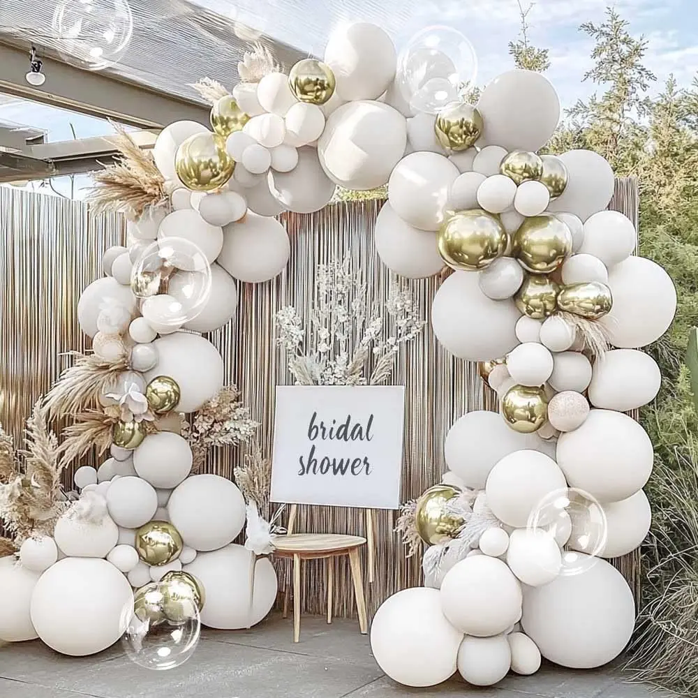 Double Stuffed White Balloon Arch with Clear Bobo, Double Stuffed Light Grey Different White  Balloon Garland Kit for Bridal Wedding Engagement Birthday Christmas Valentines Party Decoration