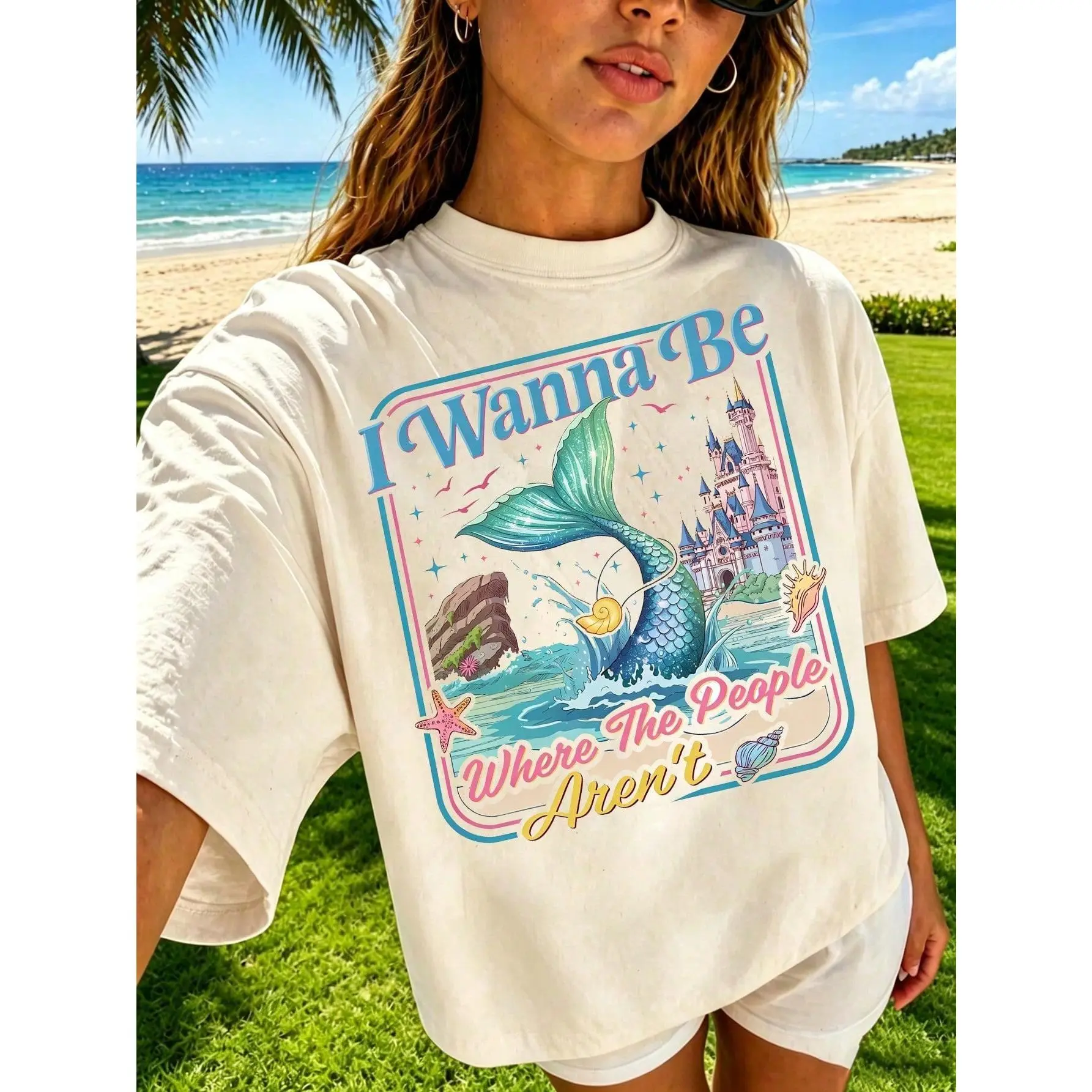 Mermaidcore Graphic T-Shirt, Retro Coastal Girl Style Short Sleeve Top, Breathable 100% Cotton Pullover for Summer, Fabric, Fit, Knitted, Mixed Colors