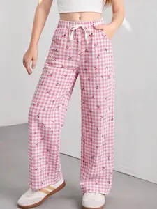 Girls Casual Plaid Pants with Side Pockets Loose Fit Gingham Cherry Pattern Textured Wide Leg Trousers for School Vacation Birthday Party Playwear