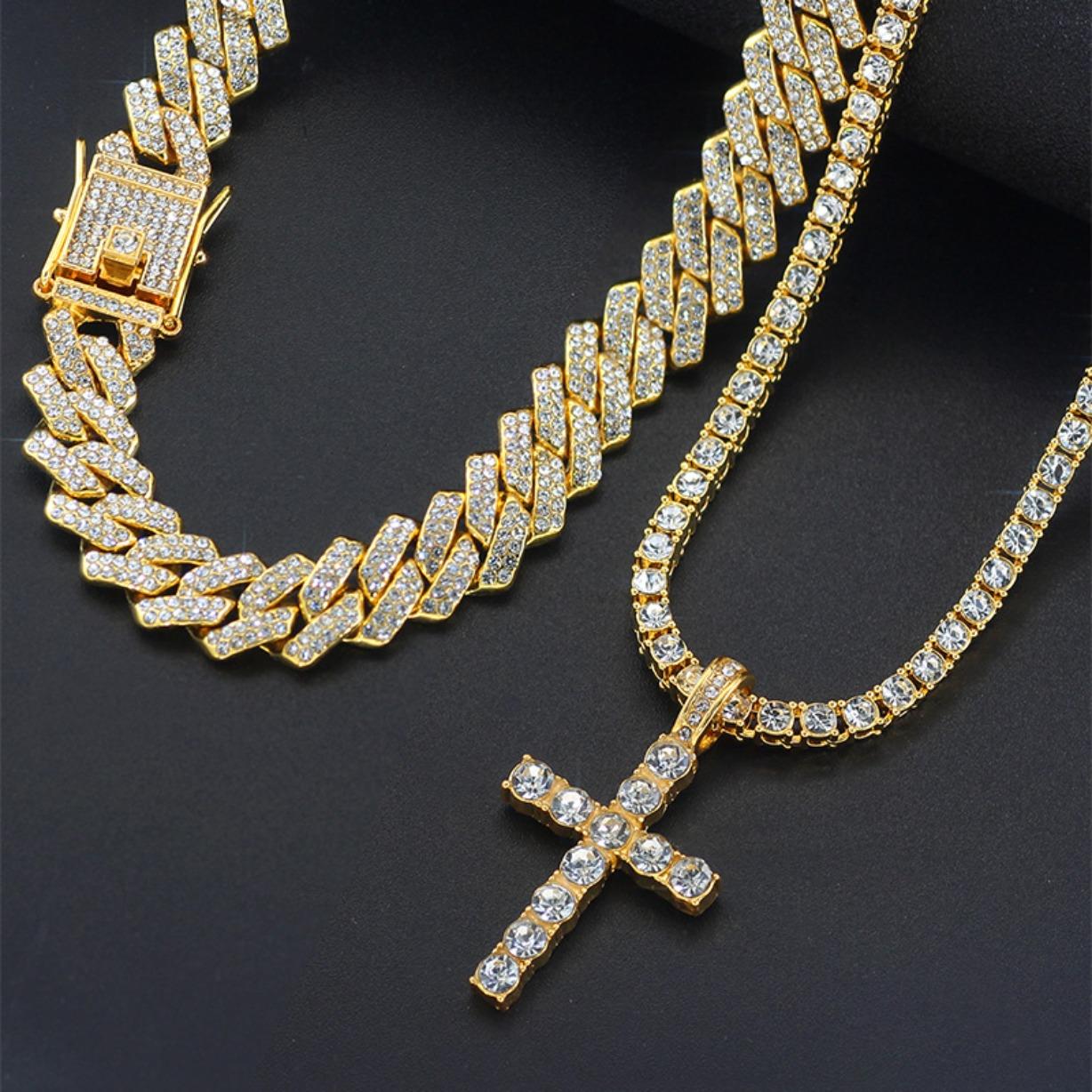 Luxury 2PCS 14mm Iced Out Cuban Chain Necklace & Cross Tennis Chain Moissanite with Certificate Hip Hop Double Row Layered Jewelry Couple Gift for Men Women