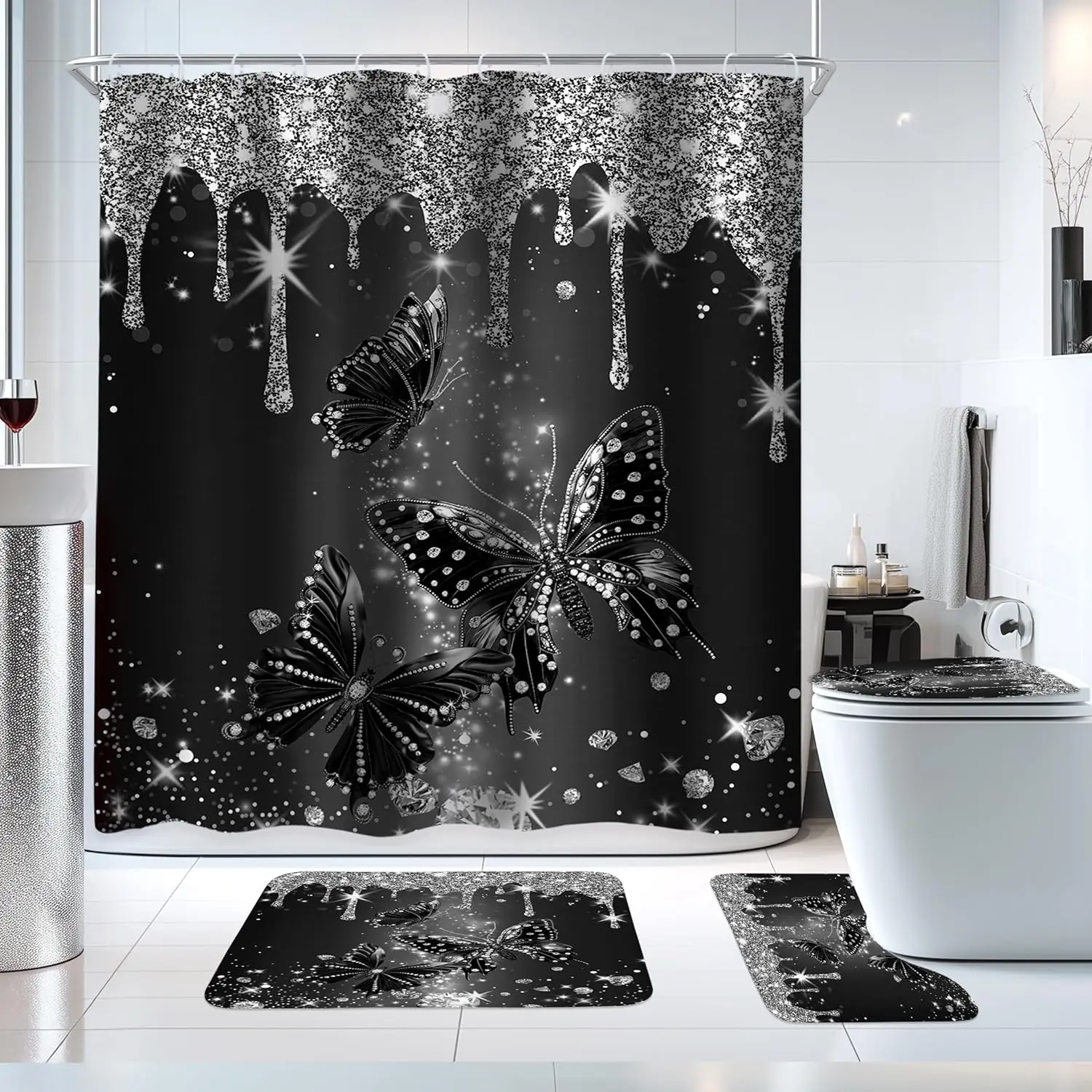 4Pcs Black Silver Diamond Shape Shower Curtain Set - Non-Slip Rugs, Lid Cover, Bath Mat Included, No Glitter, 12-Piece Shower Accessory for Luxury Bathroom Decor, Shower Curtains