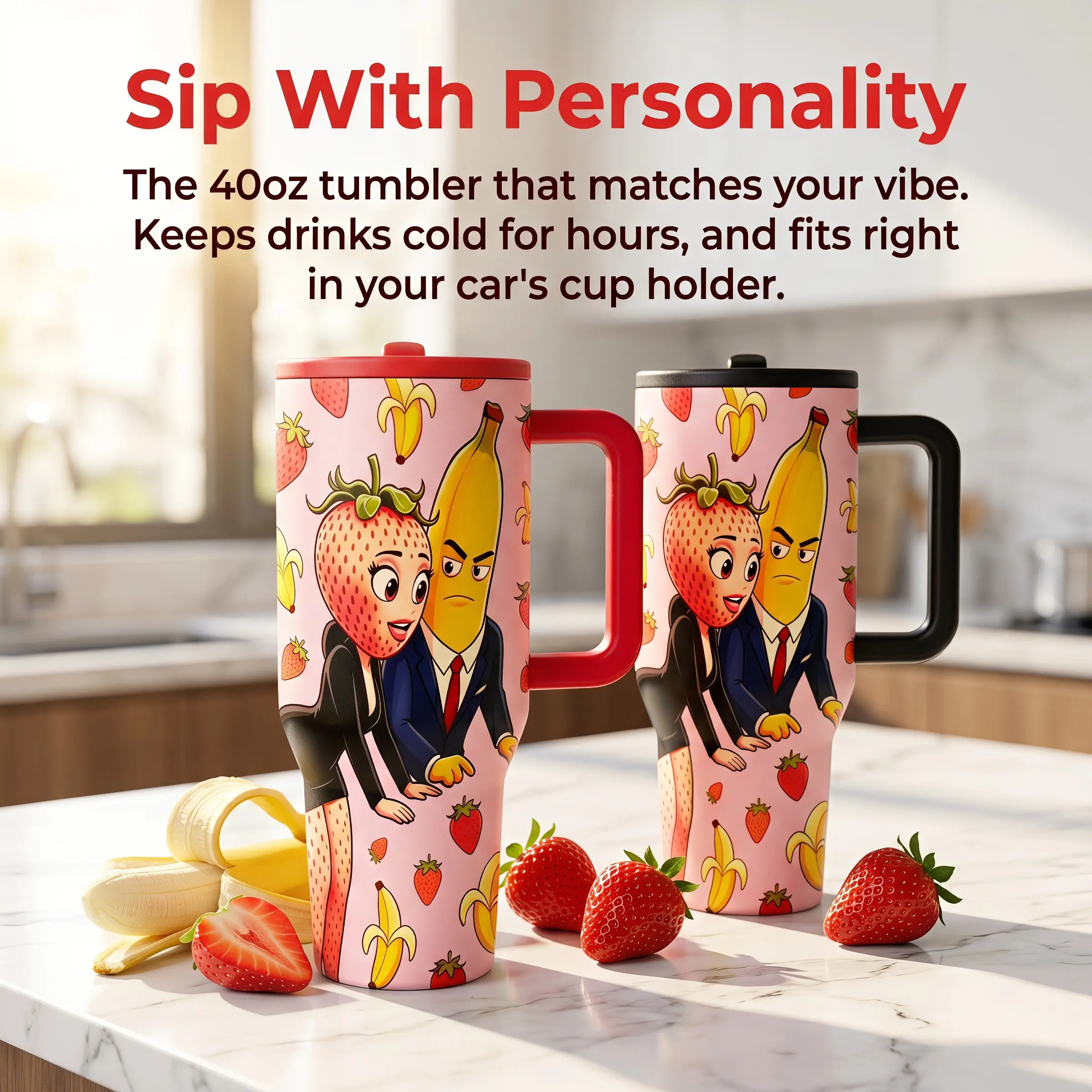 1pcs 40oz Strawberina & Bananito Couple Tumbler With Handle, Flasks, Cute Cartoon Strawberry Banana Character Stainless Steel Insulated Travel Mug, Romantic Fruit Couple Coffee Cup Gift For Couple Lovers