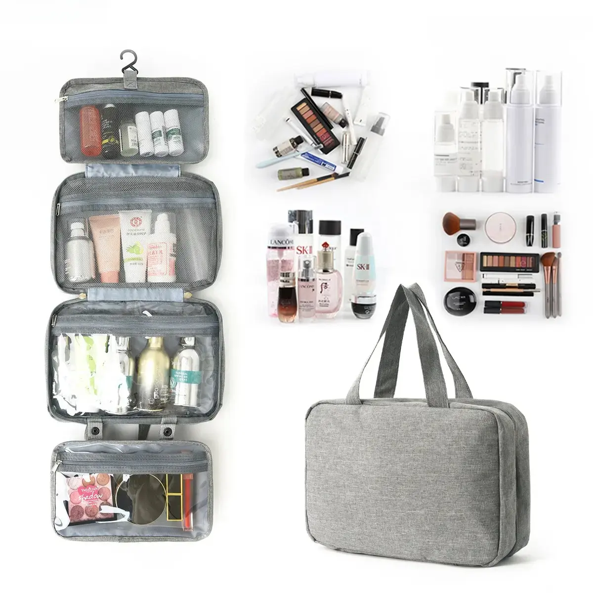 Hanging Travel Toiletry Bag with Built-in Organizer for Travelers, Solid Water-Resistant Fabric, 4 Compartments & Hook for Makeup Essentials