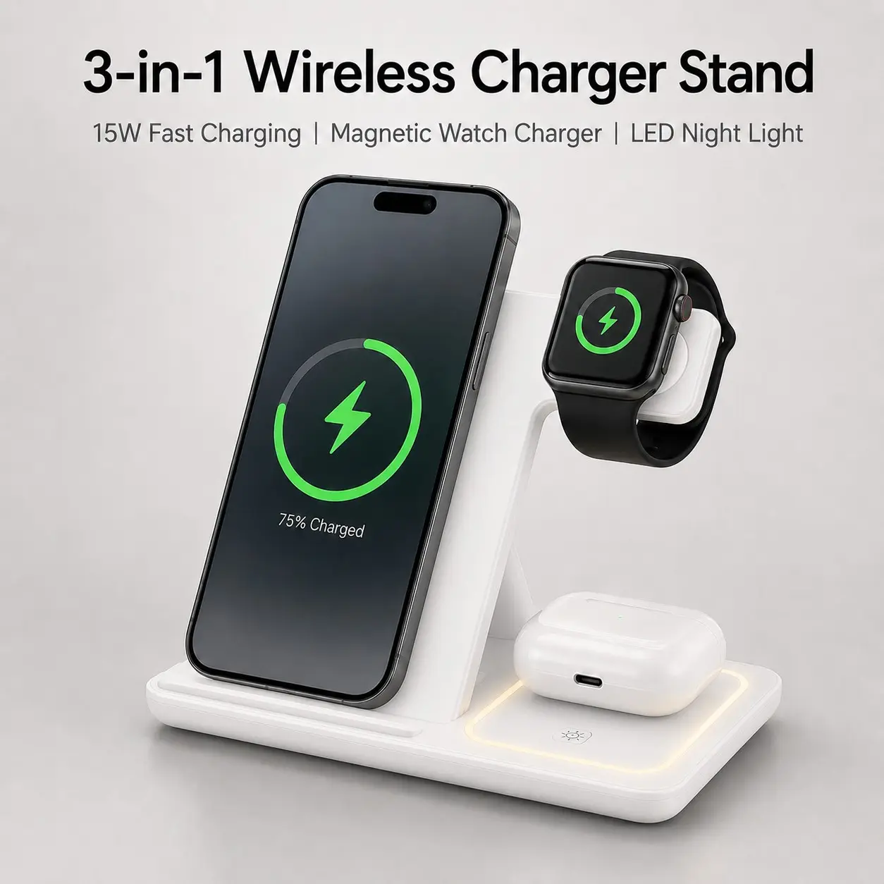 Three-In-One Wireless Charger, Phone Watch Earbuds Charging Station, Convenient Multi-Device Charging Solution, Compact Design