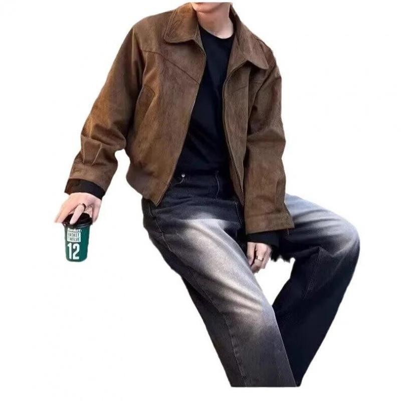 Autumn Winter Korean Style Men's Loose Fit Chamois Leather Flight Jacket Casual Trendy Lapel Zippered Hooded Warm Comfortable Ou