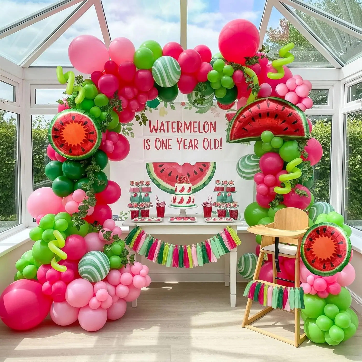 144 Piece Watermelon Balloon Garland Set, Summer Fruit Theme Balloon Arch, Watermelon Aluminum Foil Balloons, Baby First Birthday Party Decor